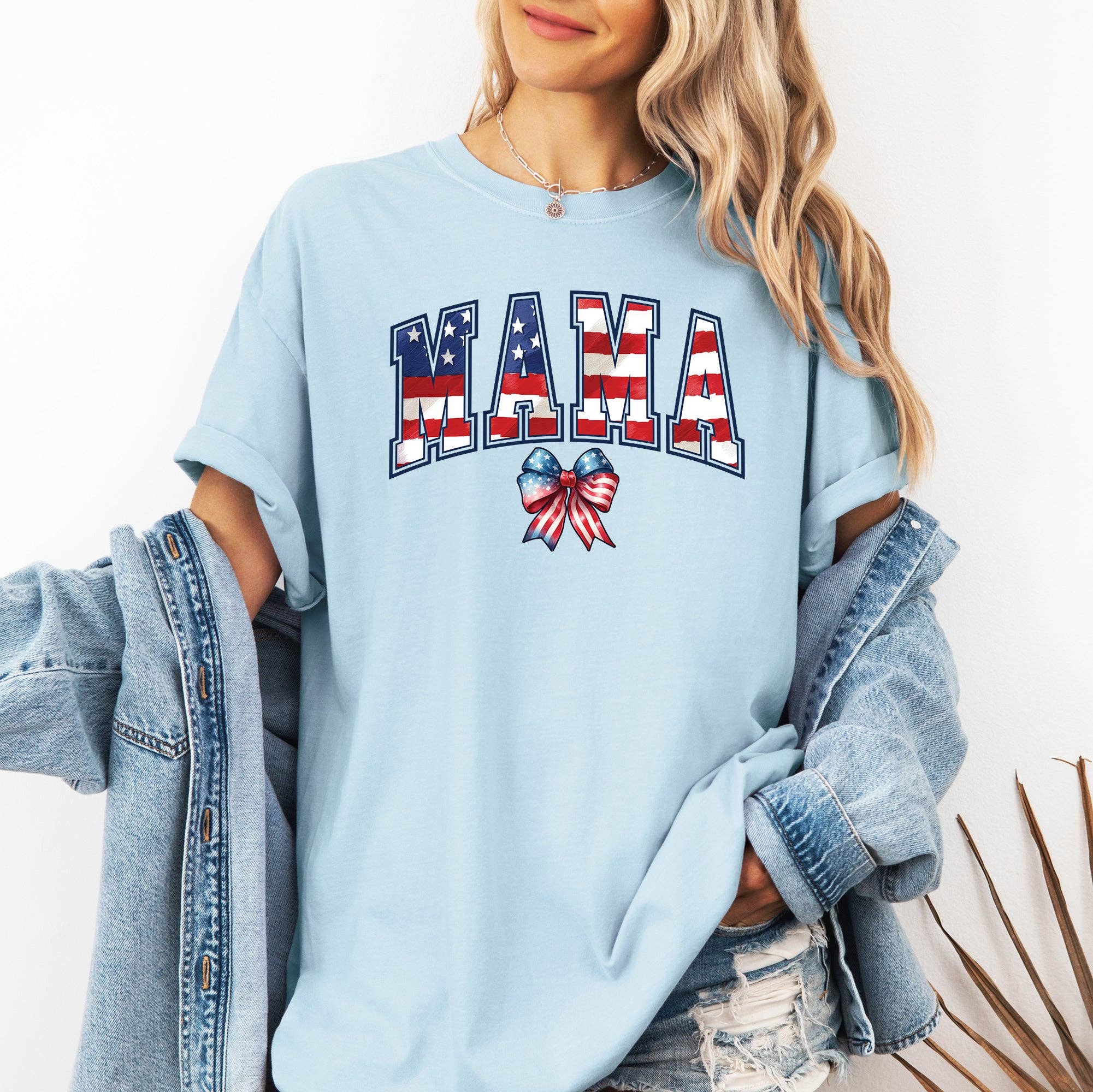 Mama, USA Flag, Patriotic, Varsity, Bow, Ribbon, America, 4th of July Tshirt