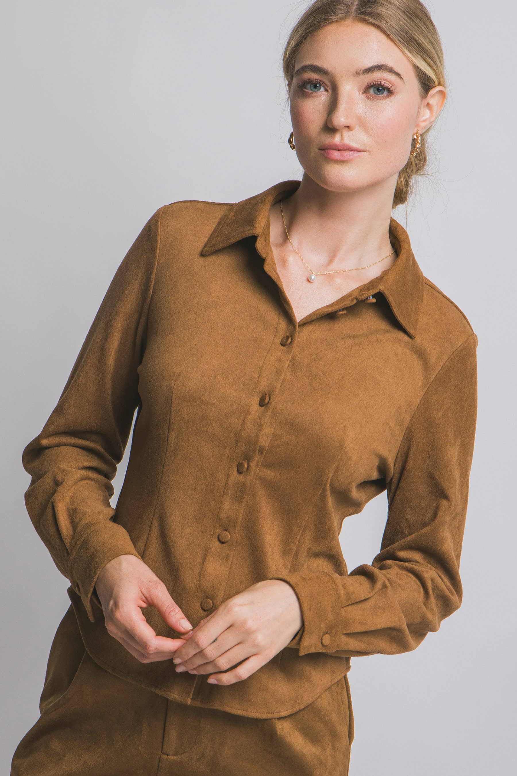 0913 Collared Long Sleeve Suede Shirt SI-28433
