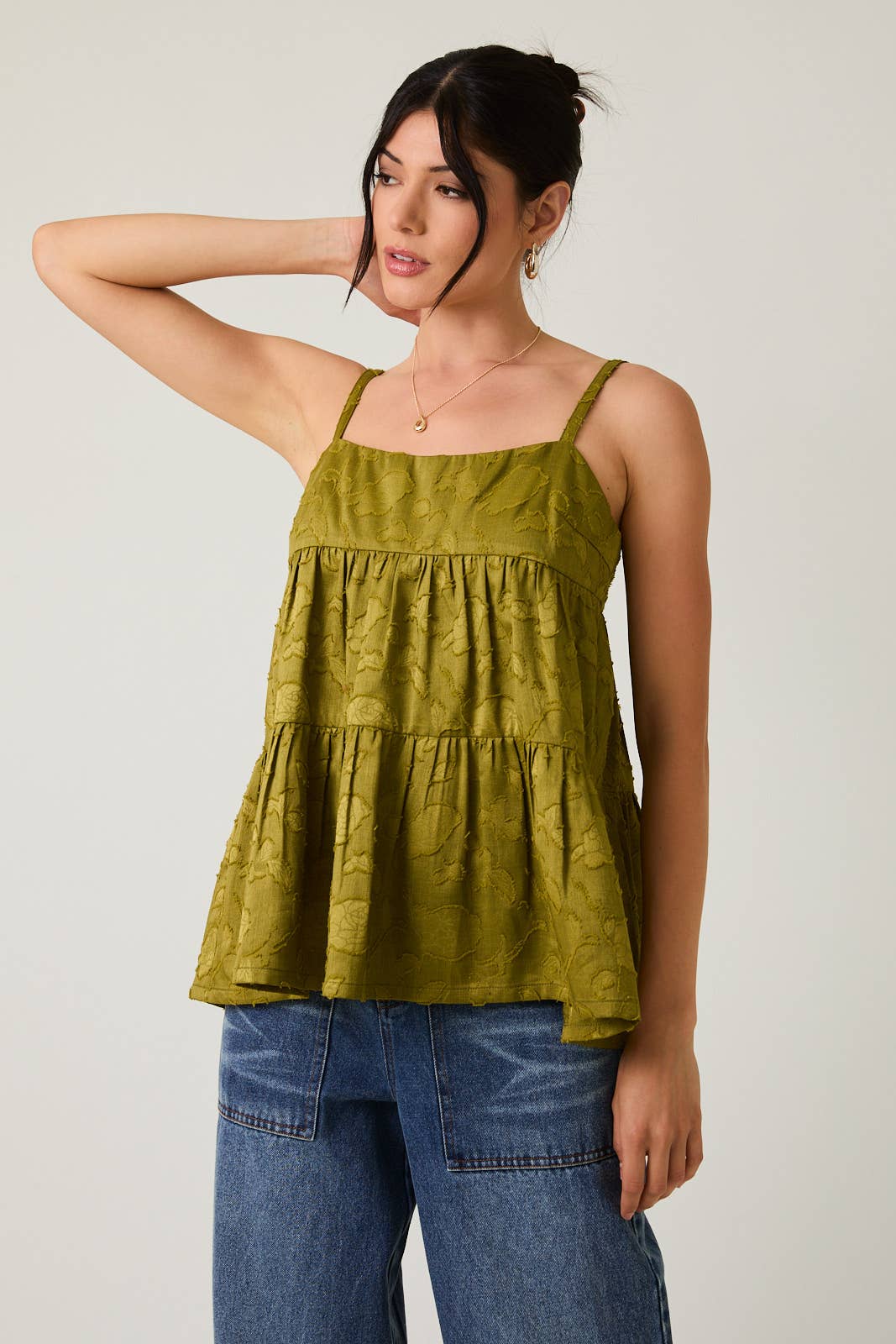 Sleeveless Tiered Jacquard Woven Top