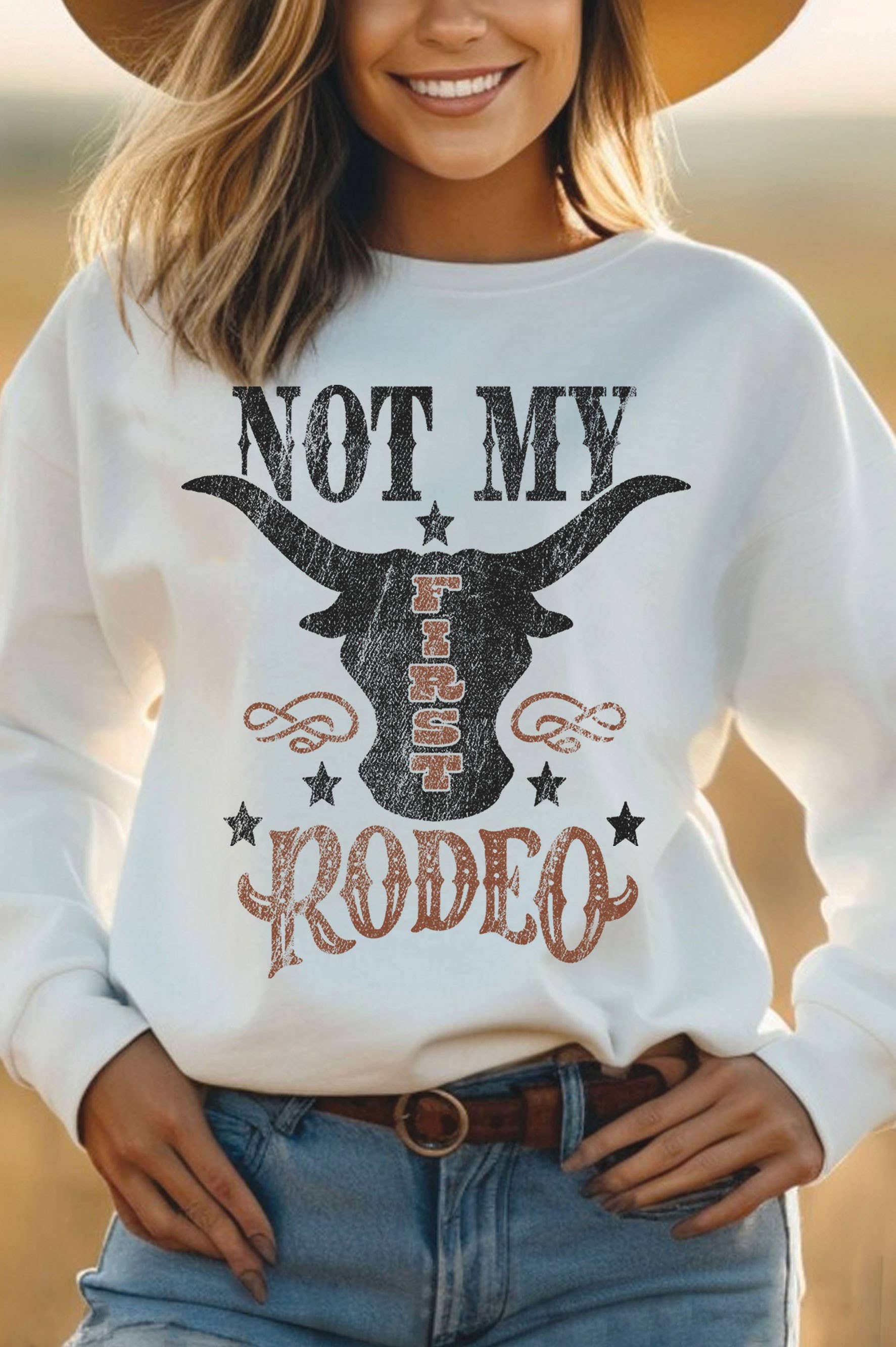Not My First Rodeo Cow Skull Graphic Brushed Sweatshirts