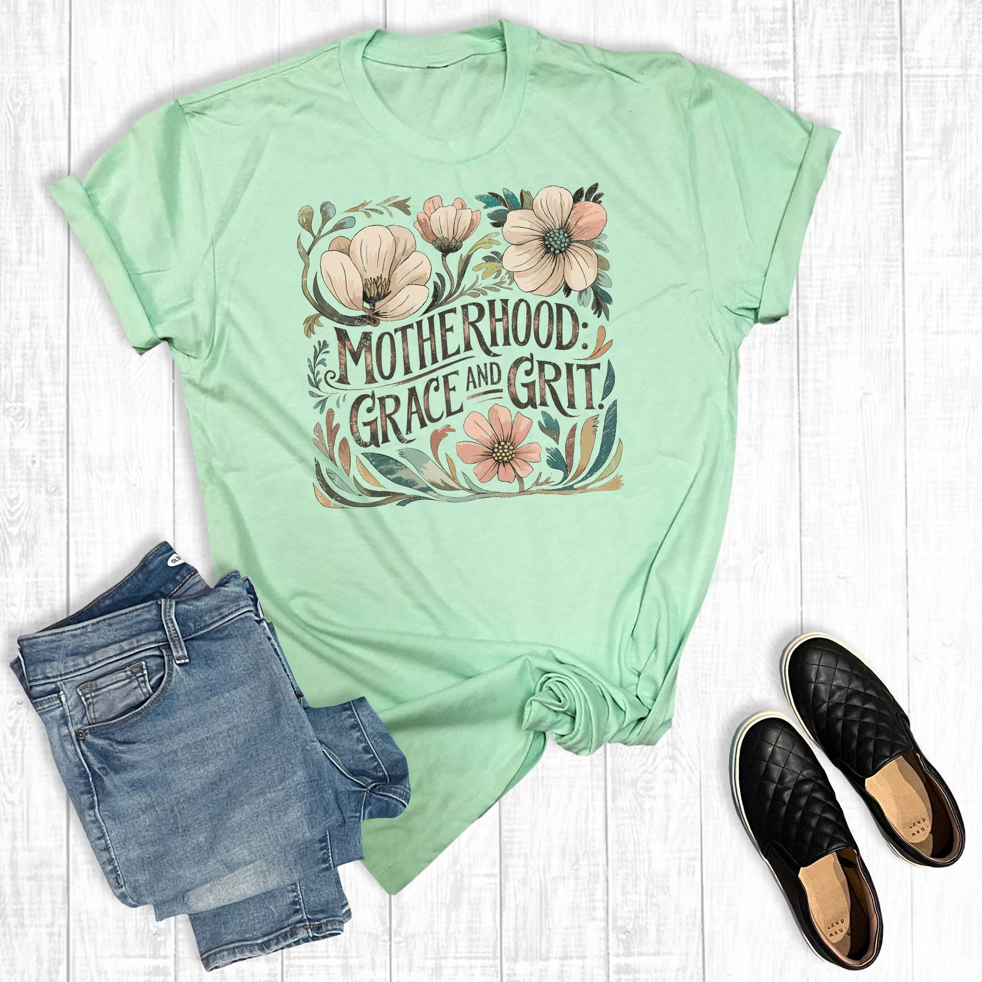 Retro Floral Motherhood Grace and Grit Graphic Tee