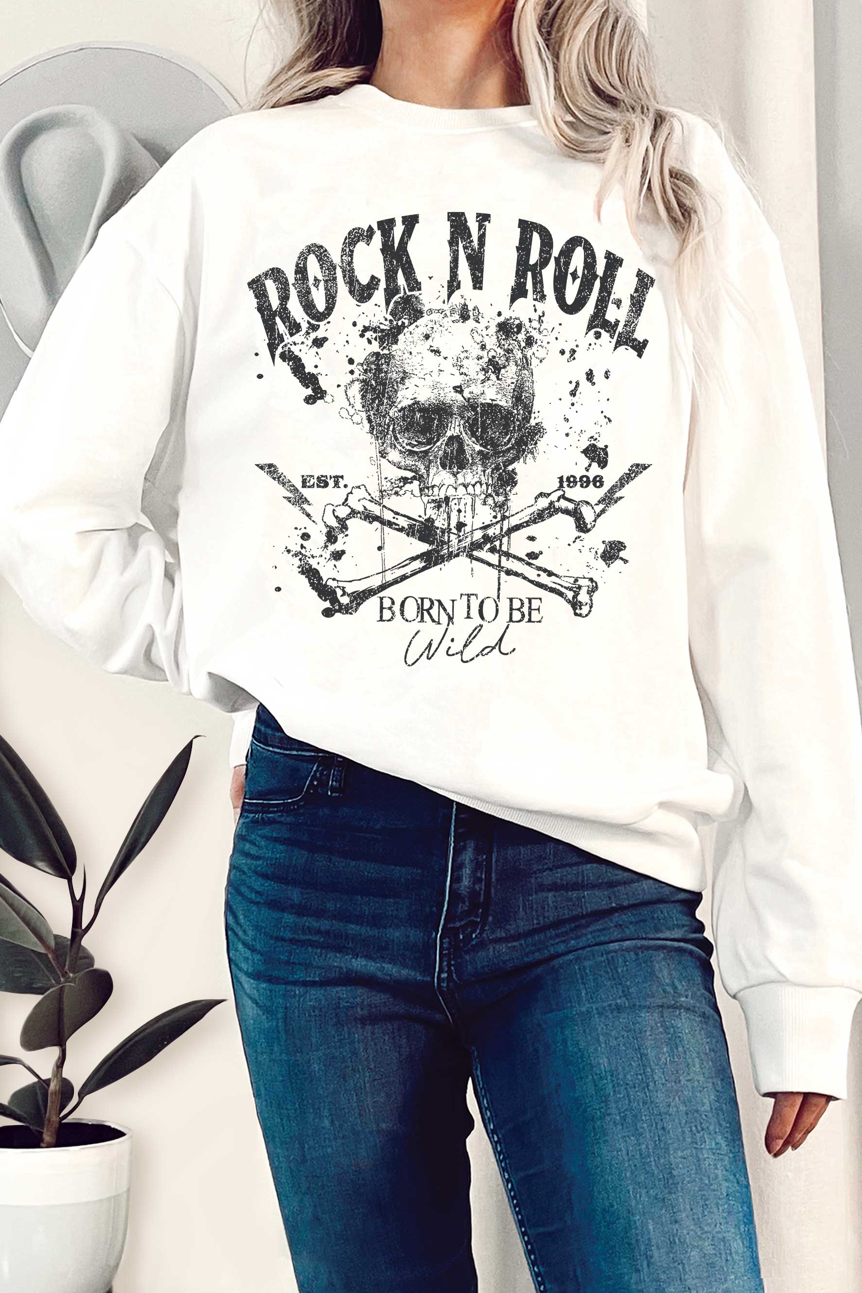 Rock N Roll Born To Be Wild Skull Graphix Terry Sweatshirts