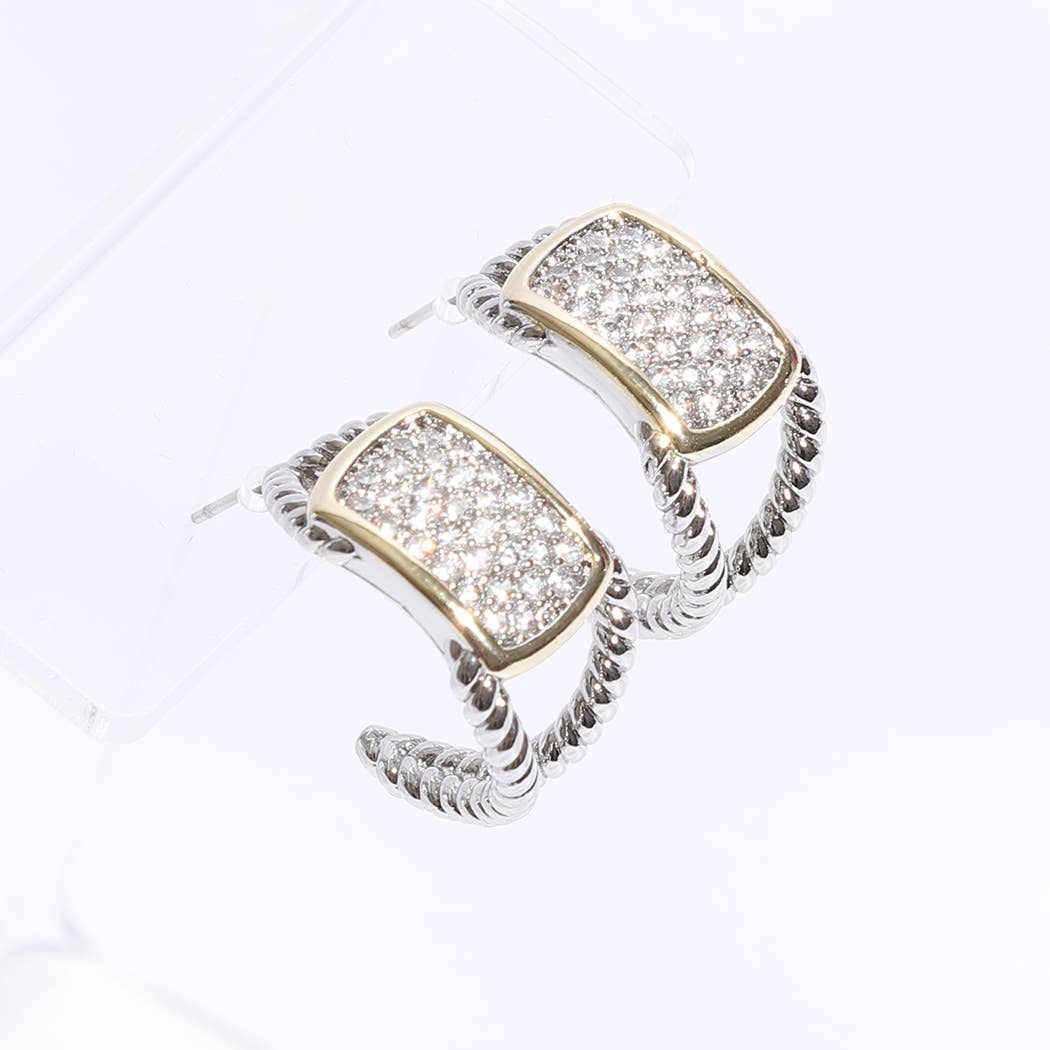 Twisted Outline Square Cz Pave Post Earrings