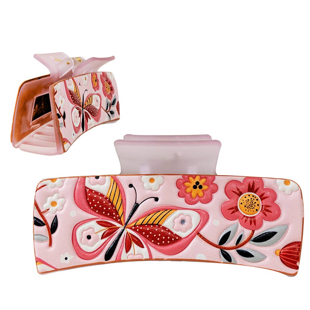 Butterfly Flower Print Leather Hair Claw
