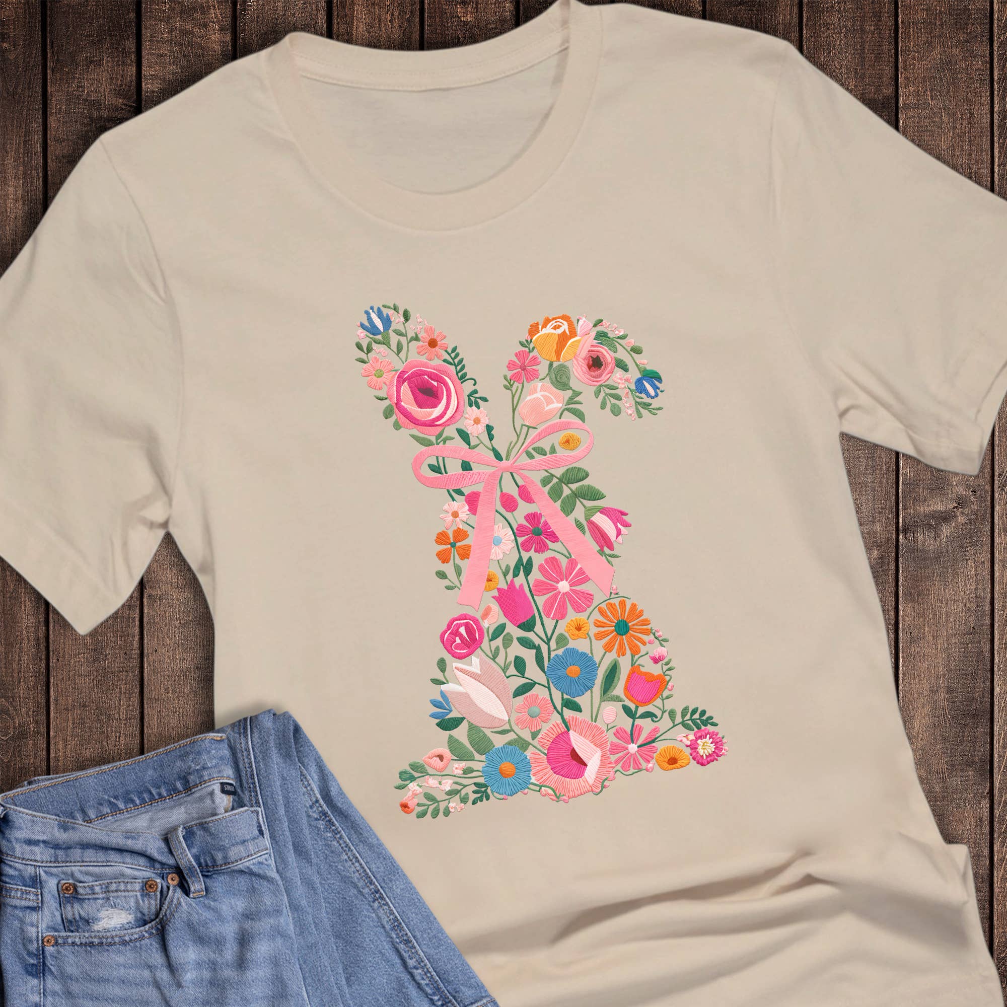Easter Faux Embroidery Floral Bunny Graphic Tee