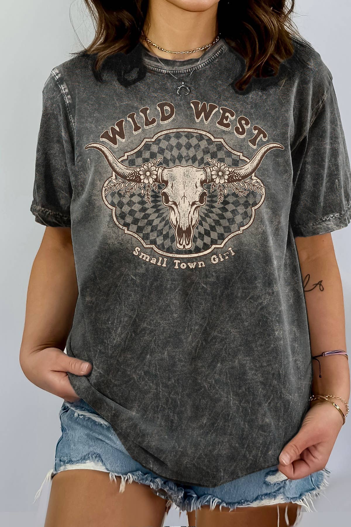 Women Western Graphic Print Mineral Wash Top