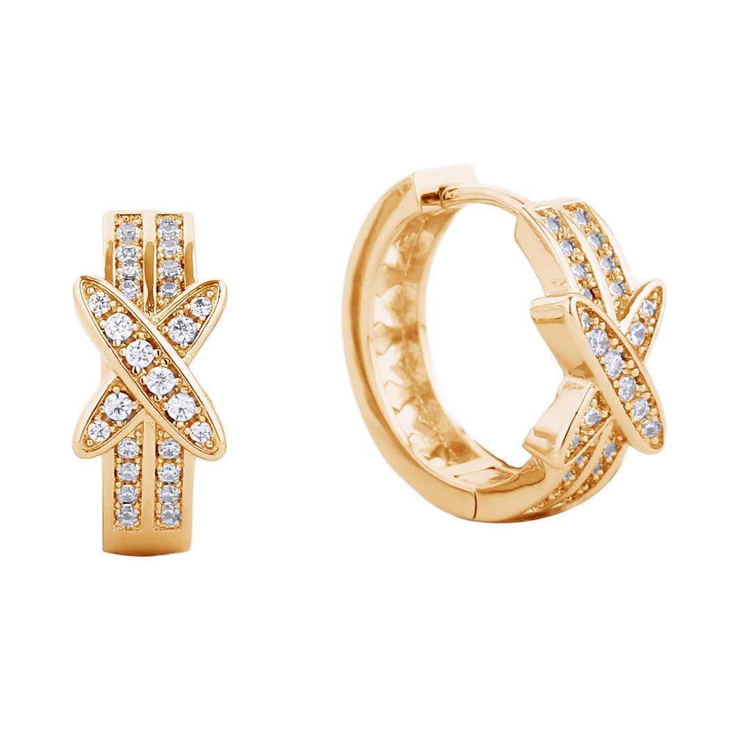 14K Gold-Dipped Cz Paved Two-Line Huggie Earring
