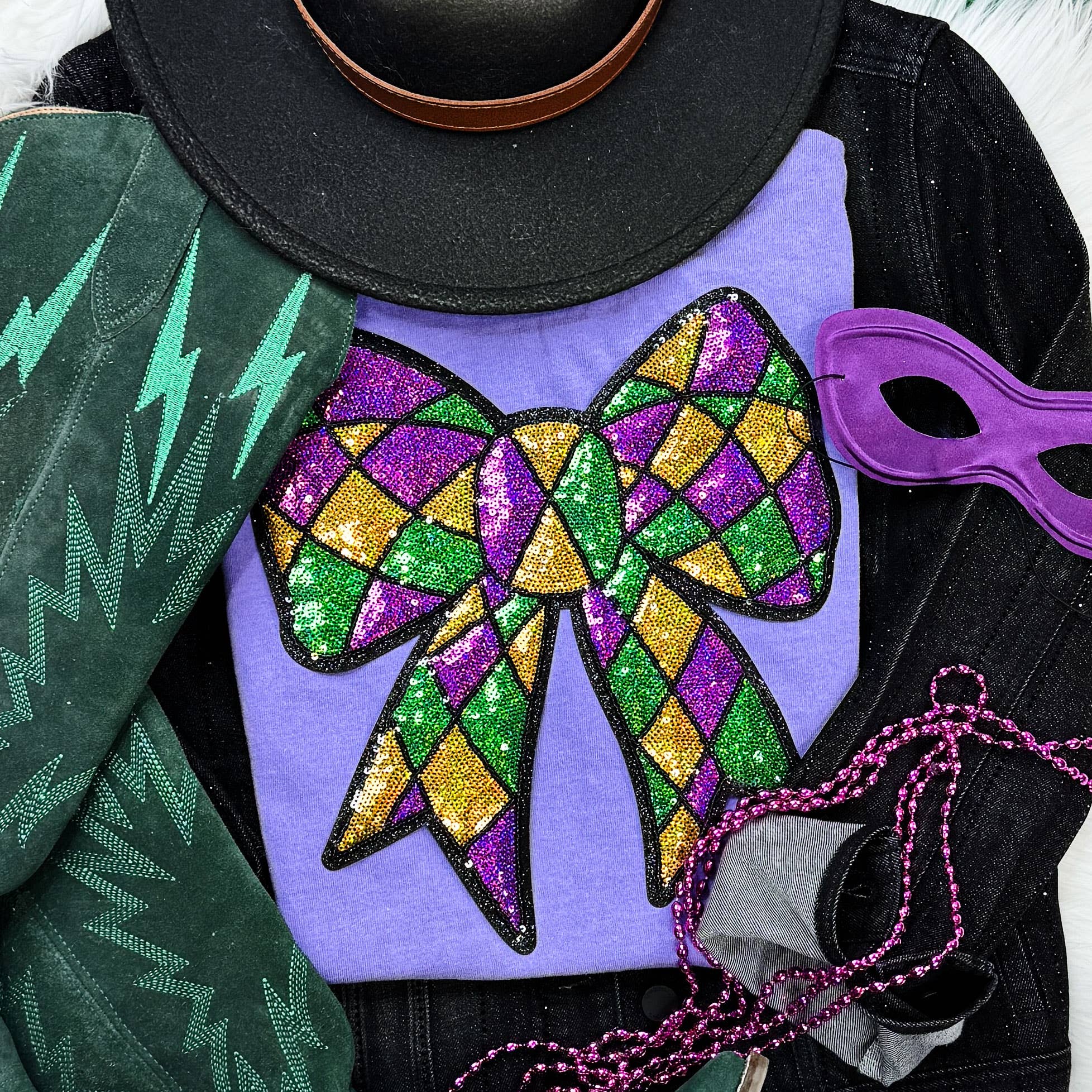 Sequin Mardi Gras Bow Violet Tee