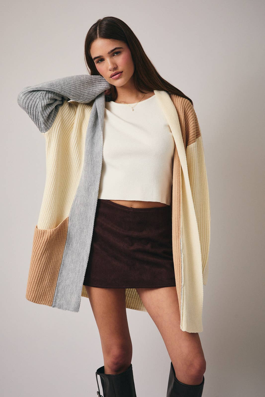 Long Sleeve Color Block Sweater Cover Up