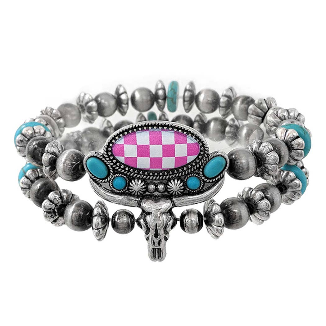 Western Checked W/Semi Stone Layered Bracelet