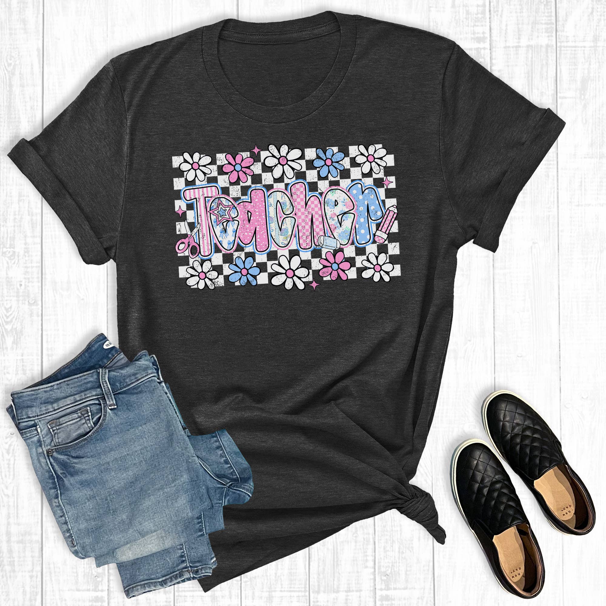 Retro Checkered Floral Teacher Graphic Tee