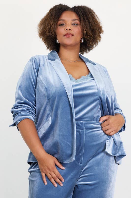 Plus Size Velvet Blazer with Bunched Sleeves
