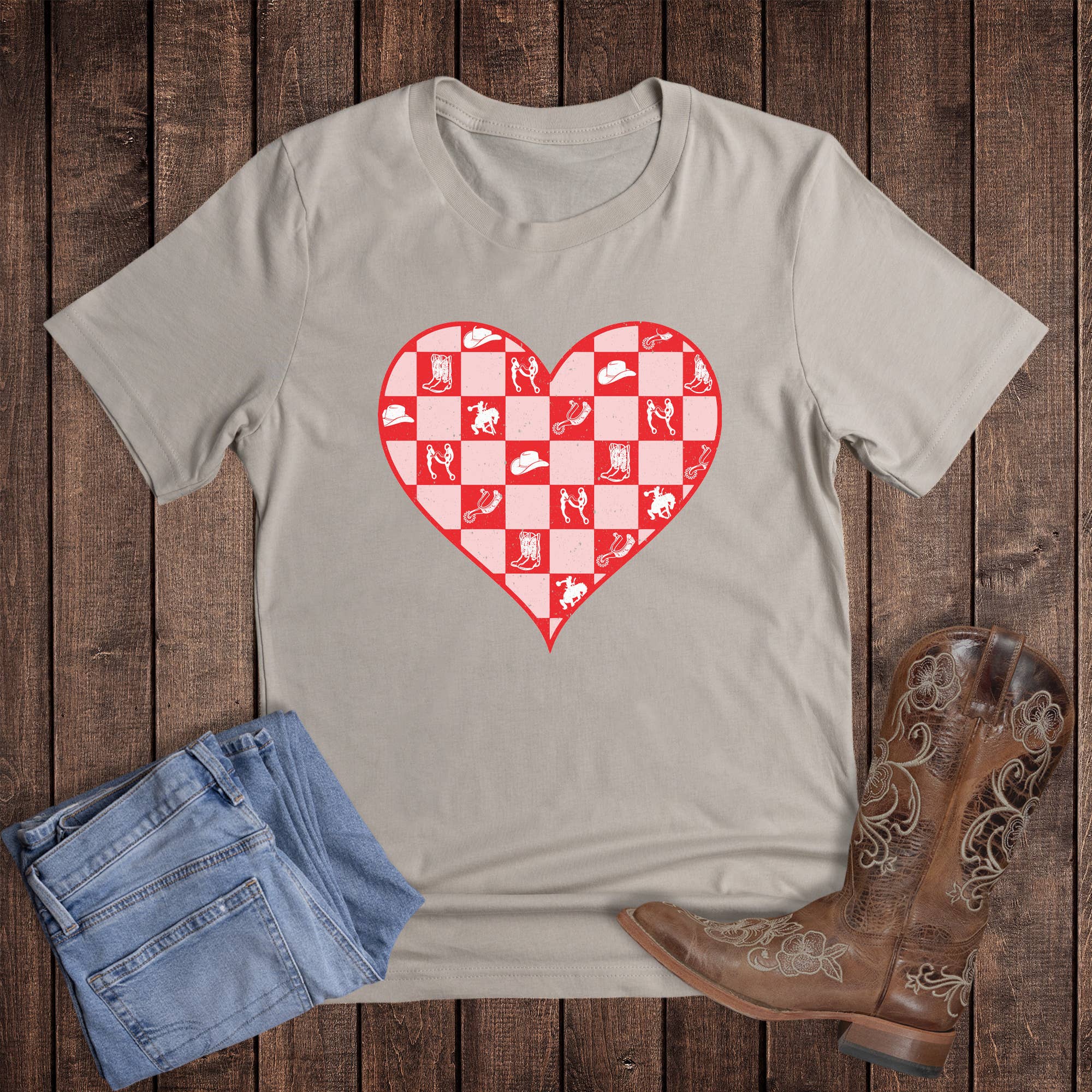 Valentine Western Check Heart Graphic Tee
