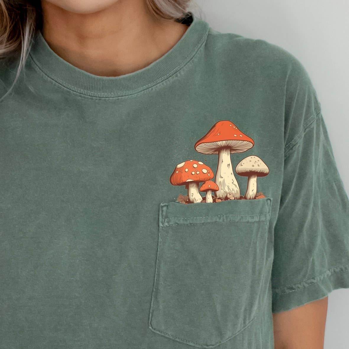 Forest Fungi Green Pocket T-Shirt - Nature Lover's Tee