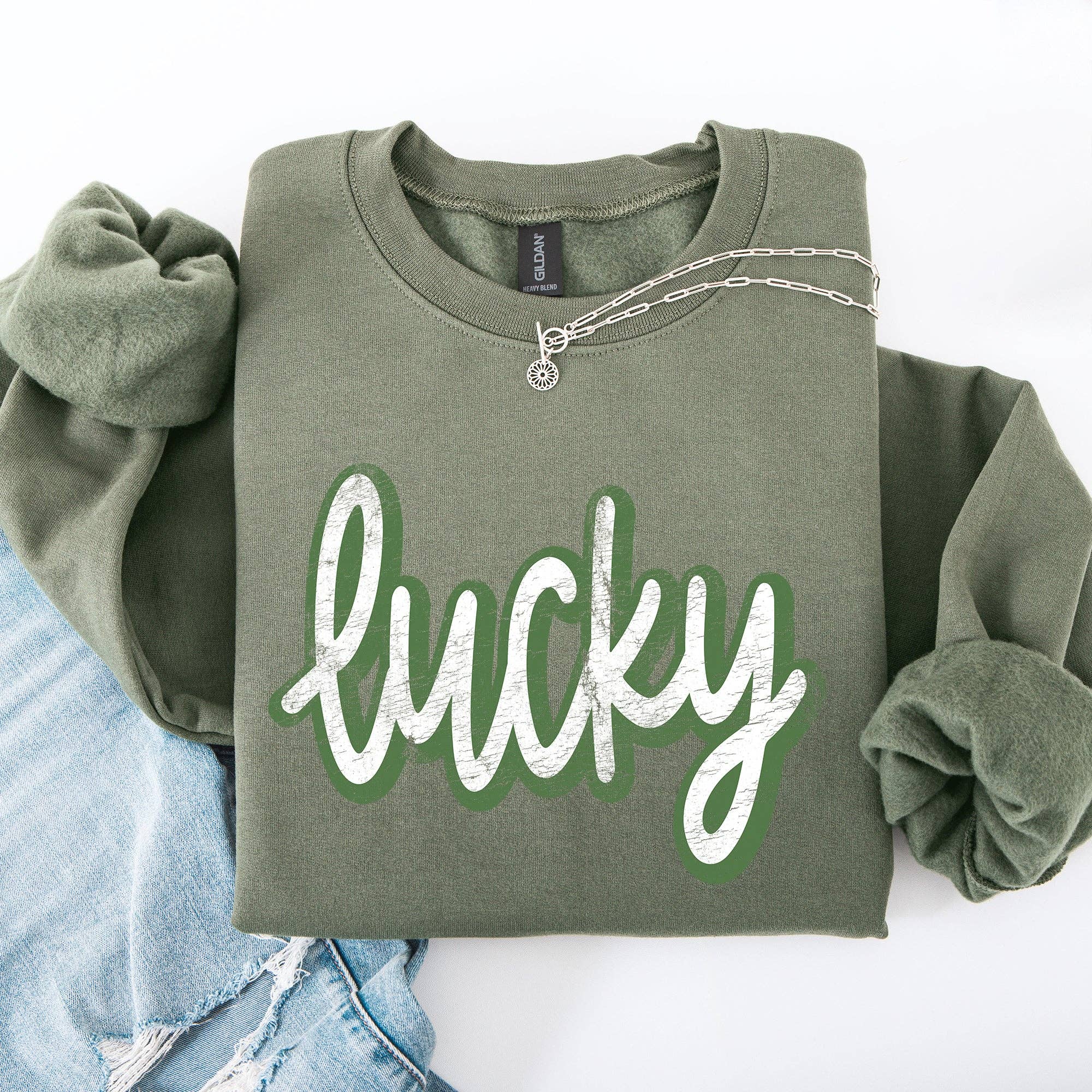 Lucky, Cursive, Vintage St Patrick's Day Shamrock Sweatshirt