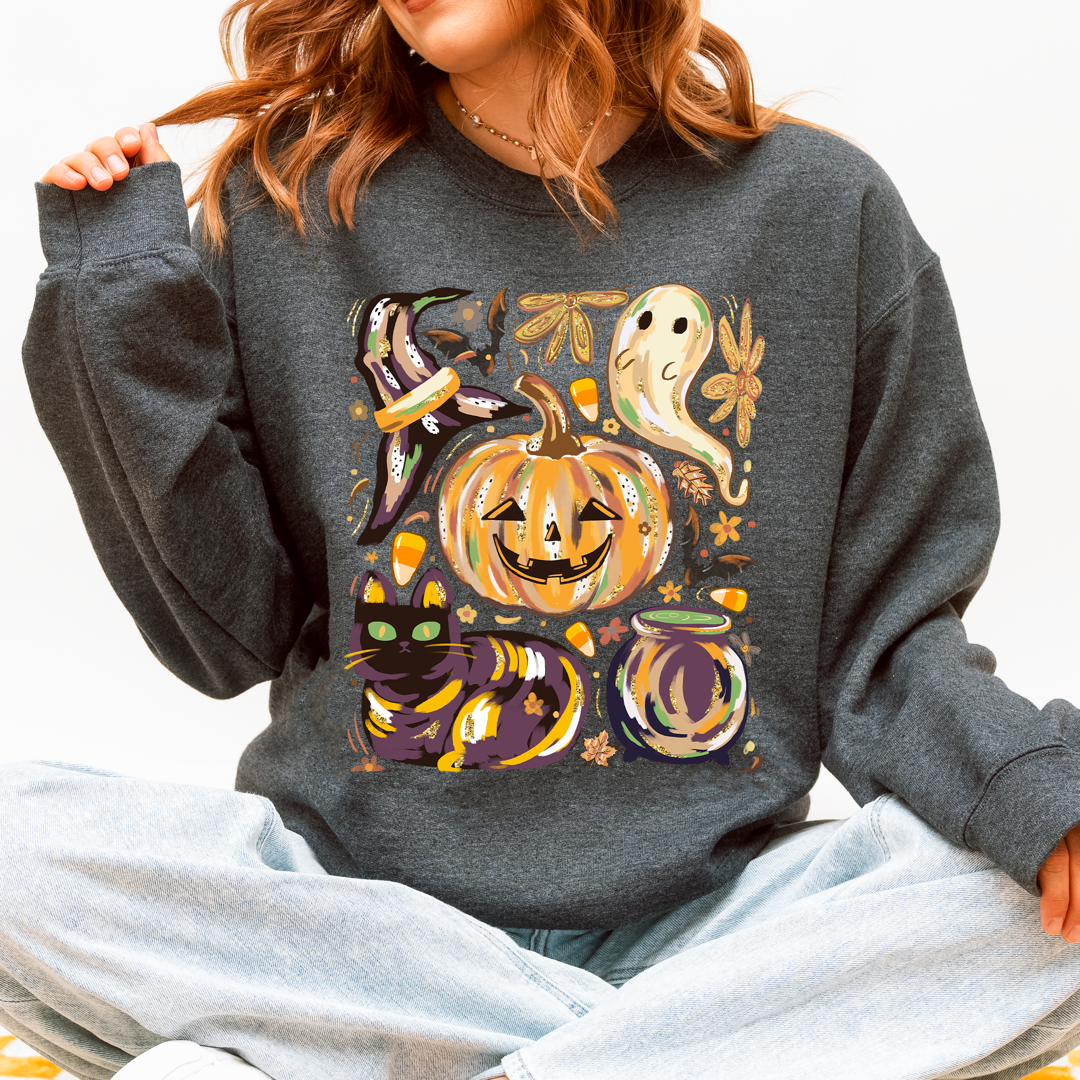 Cute Halloween Painted, Pumpkin, Black Cat Ghost Sweatshirt
