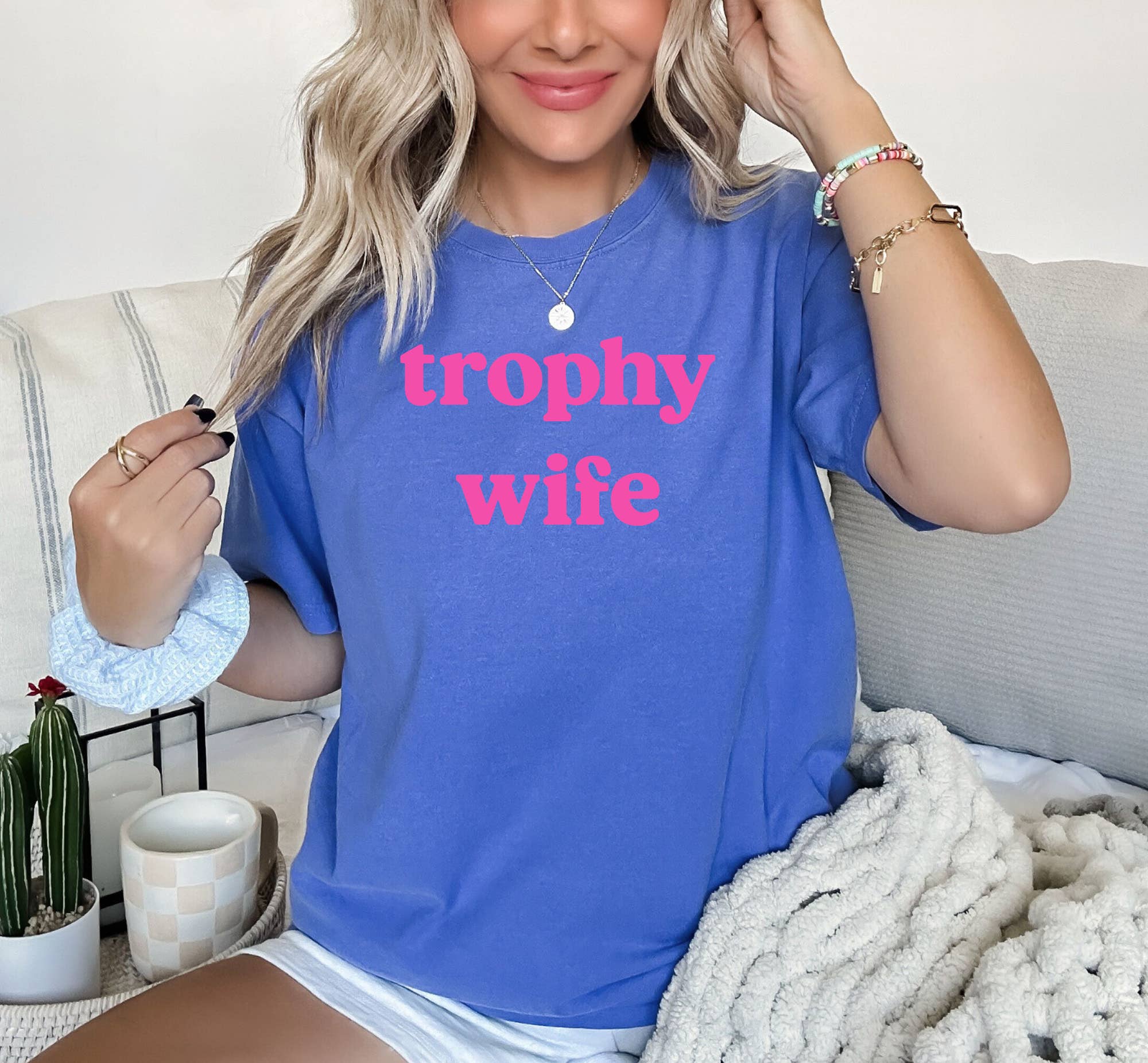Trophy Wife Graphic Tee, Graphic Shirt, Neon Blue, Wifey
