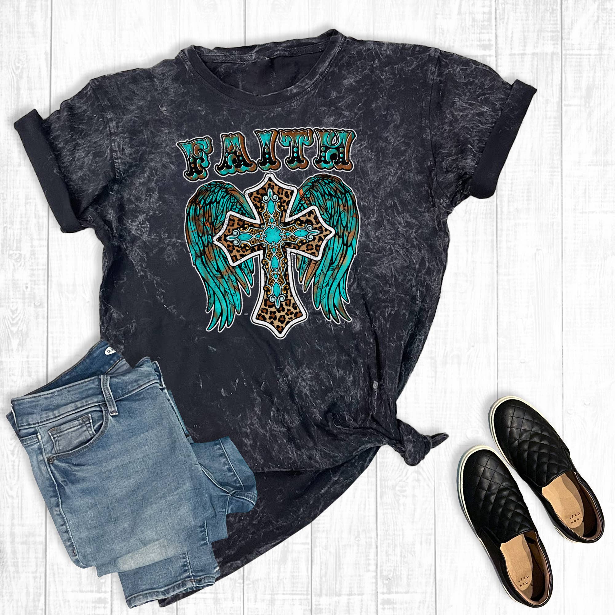Turquoise Leopard Faith Cross Mineral Wash Graphic Tee