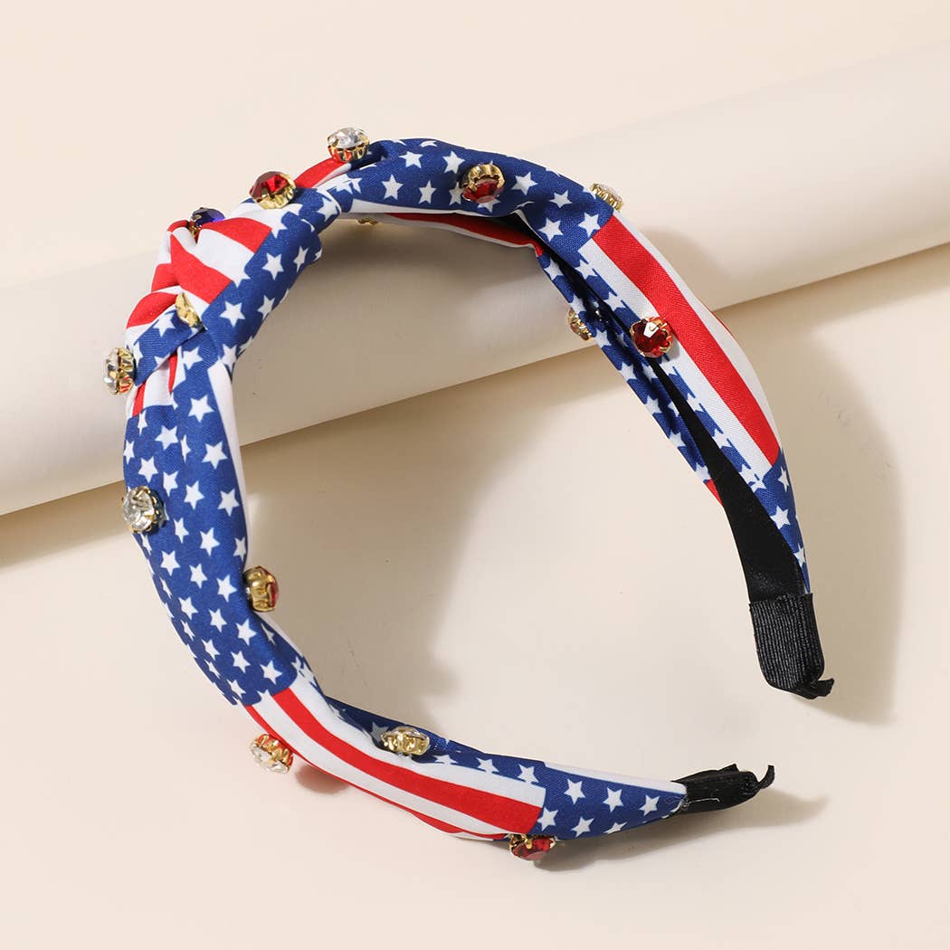 USA Flag Knot Rhinestone Headband