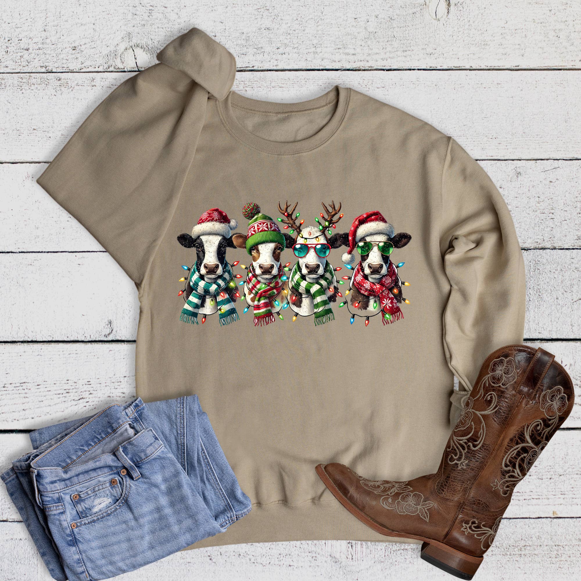 Christmas Cows with Lights Sweatshirt