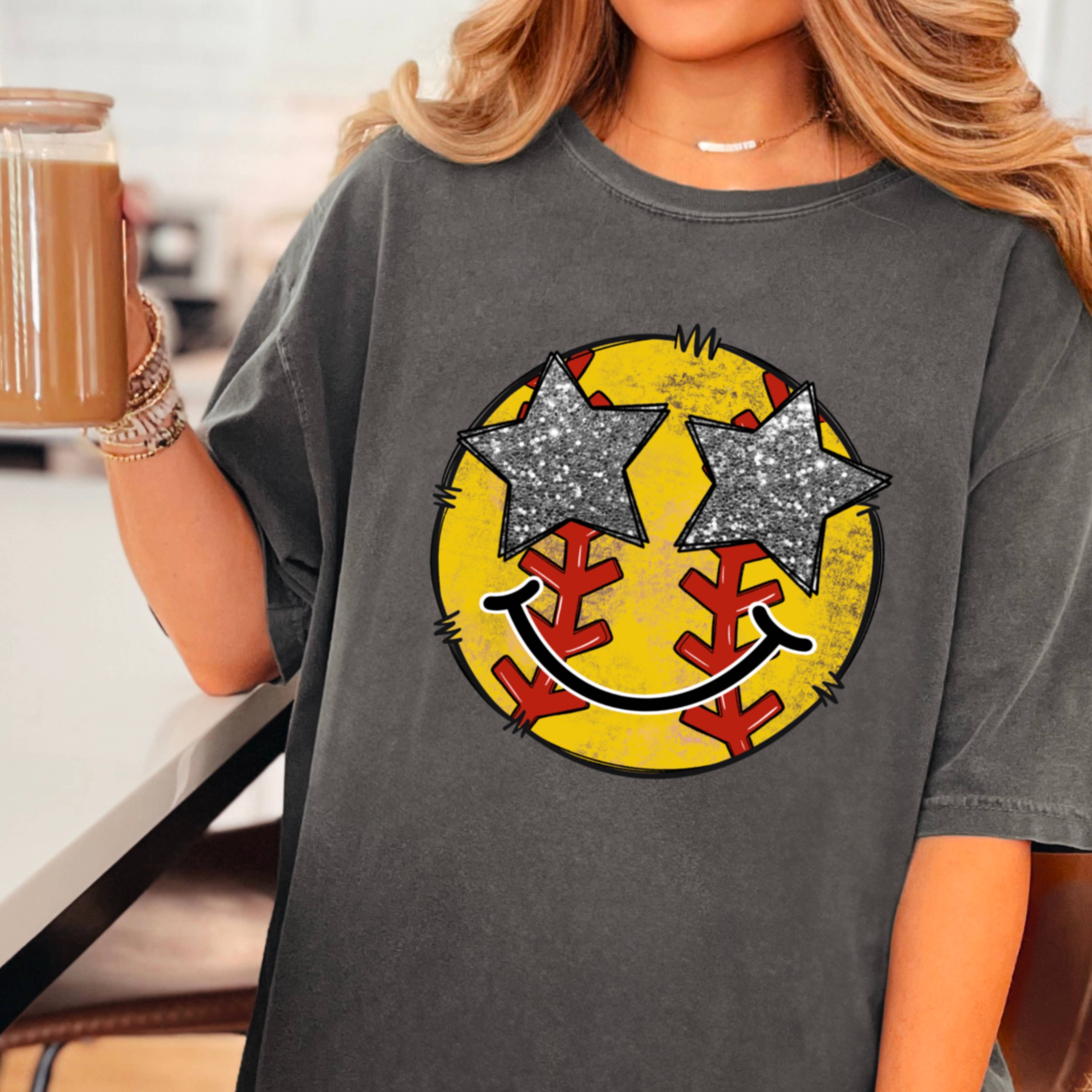 Softball Face Faux Glitter Graphic Tee  | Comfort Color