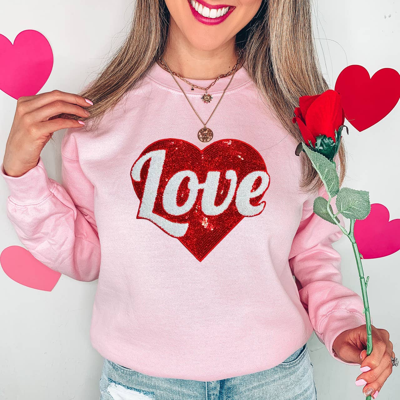 Red Heart Sequin Patch Crewneck Sweatshirt