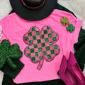 Checkered Shamrock Sequin Patch Neon Pink Tee
