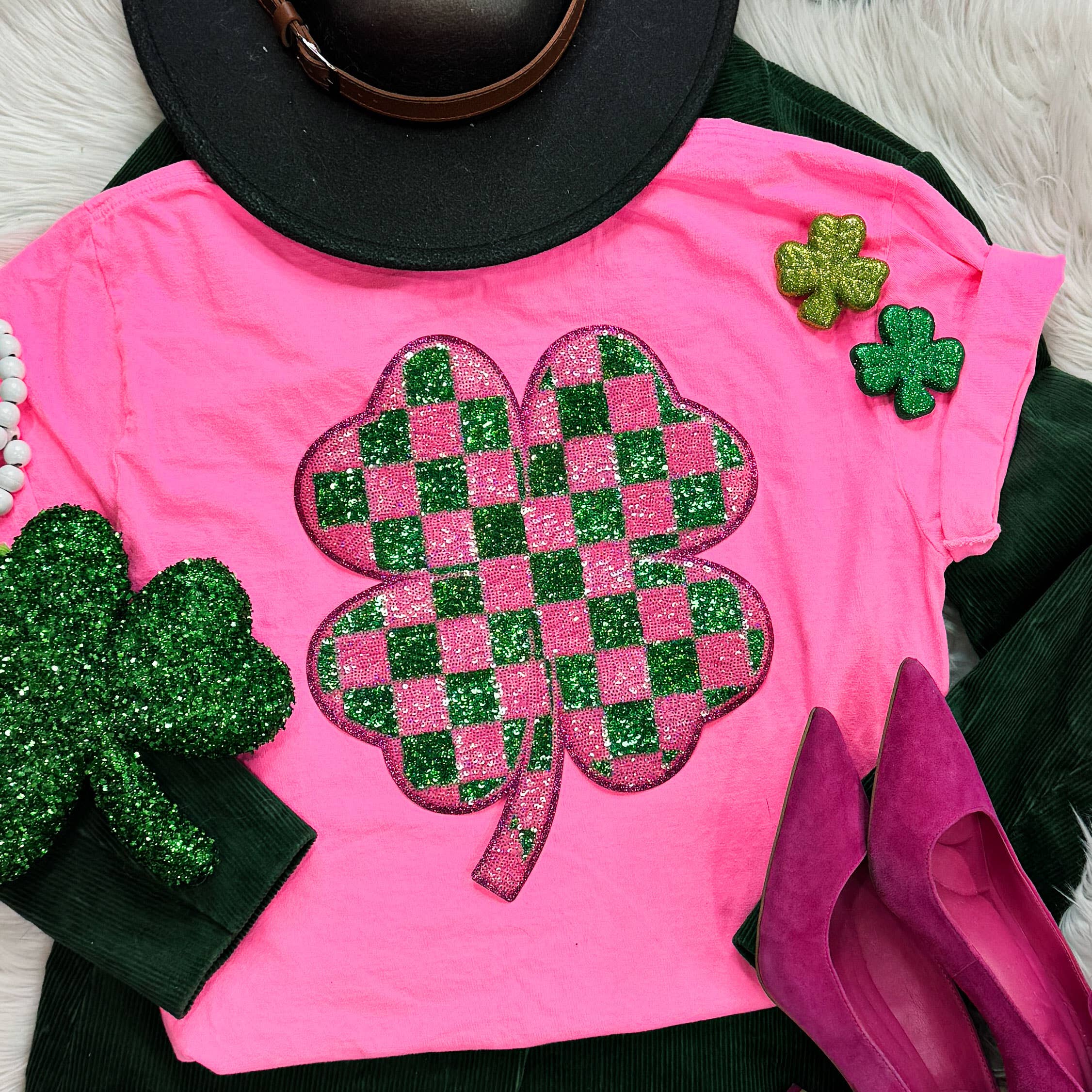 Checkered Shamrock Sequin Patch Neon Pink Tee