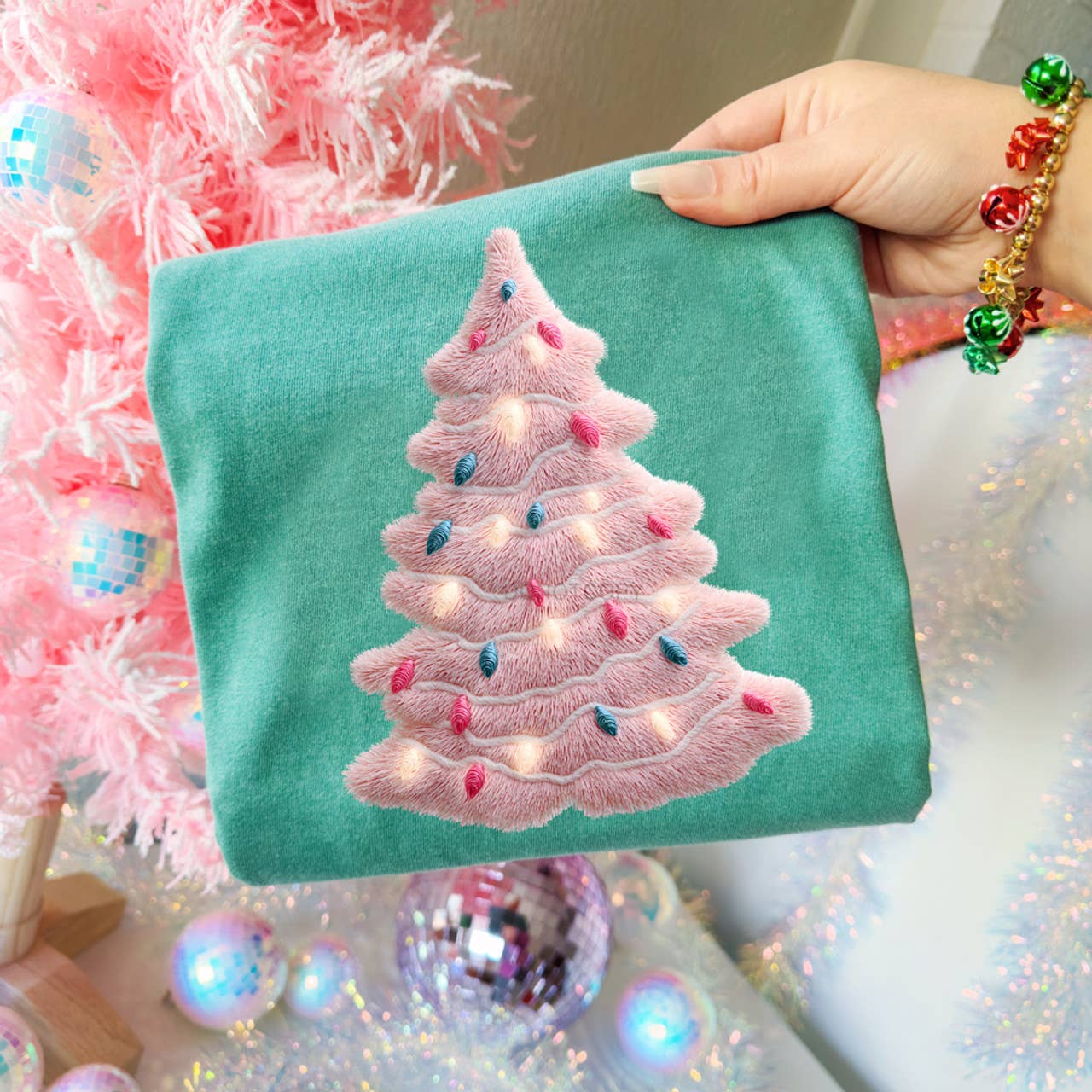Faux Yarn Pink Preppy Christmas Tree Tee