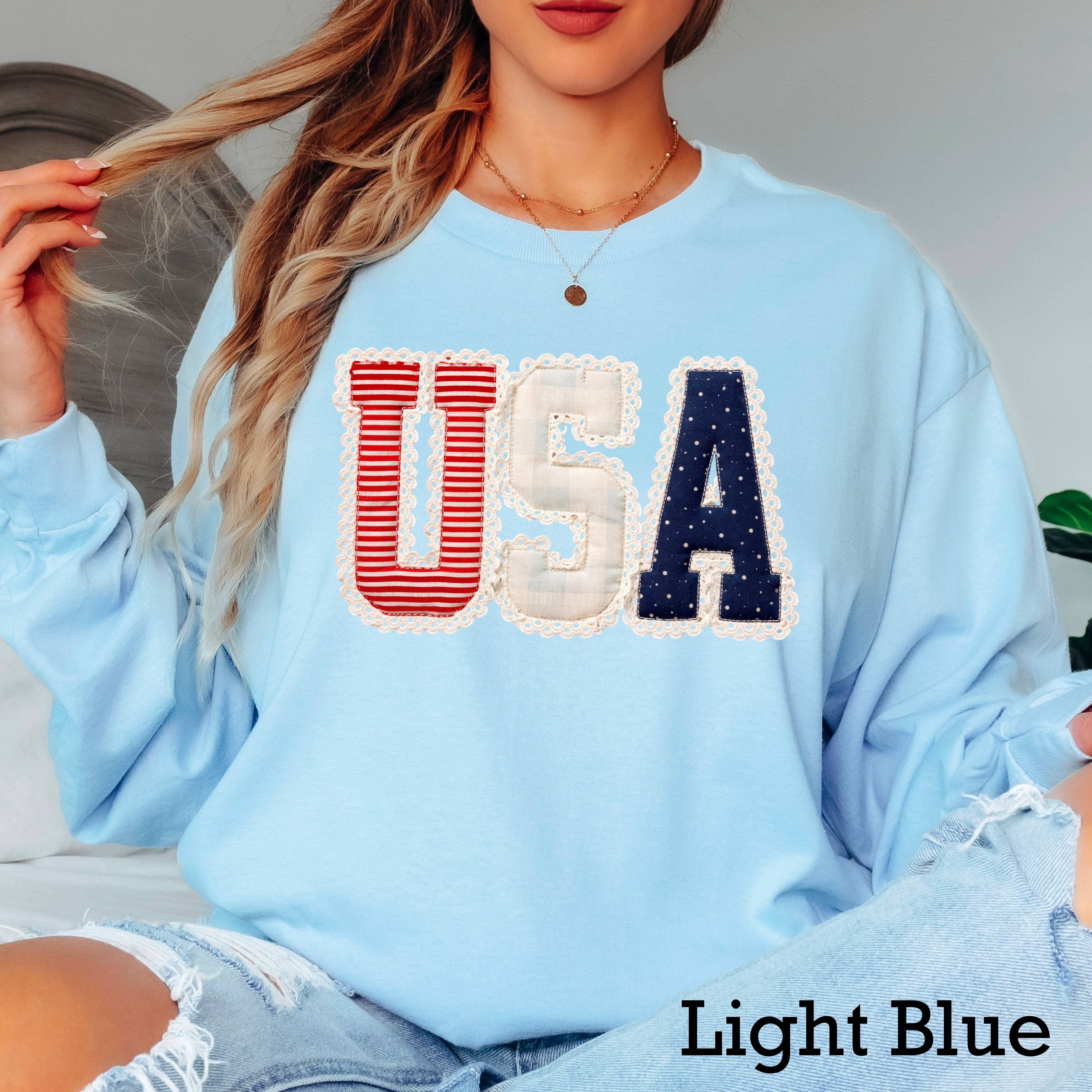 USA Faux Lace July 4th Graphic Shirt | Long Sleeve Gildan