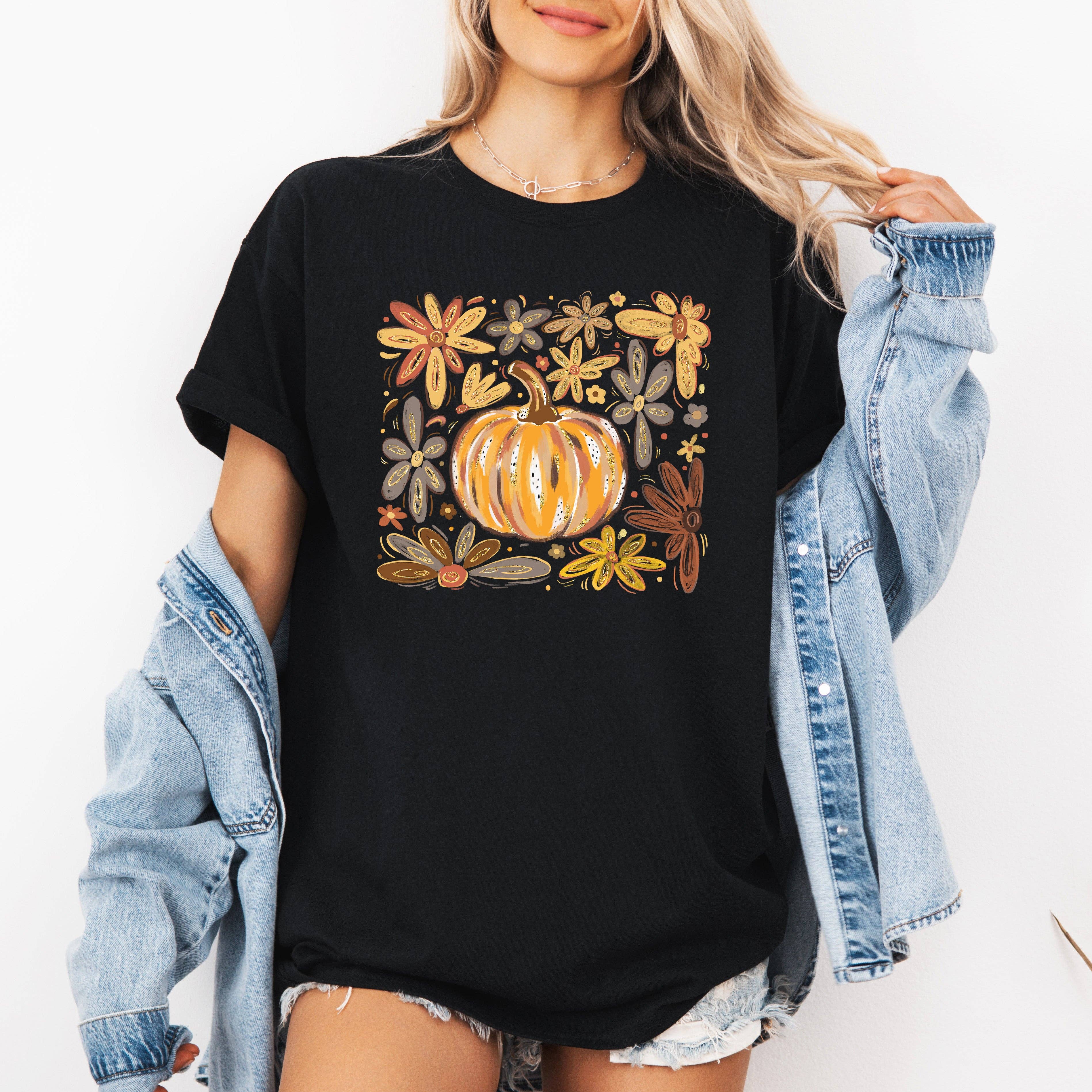 Beautiful Pumpkin Autumn Flowers, Fall Watercolor, Tshirt
