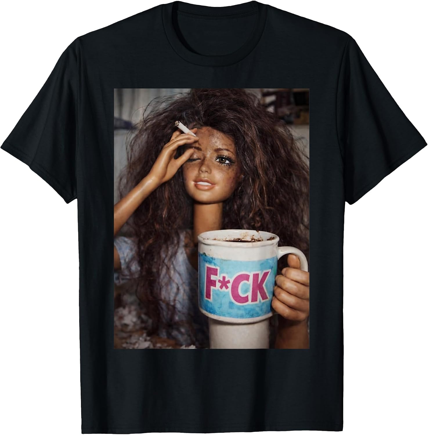 Funny Distressed Doll Face Meme Smoking Humor Tee