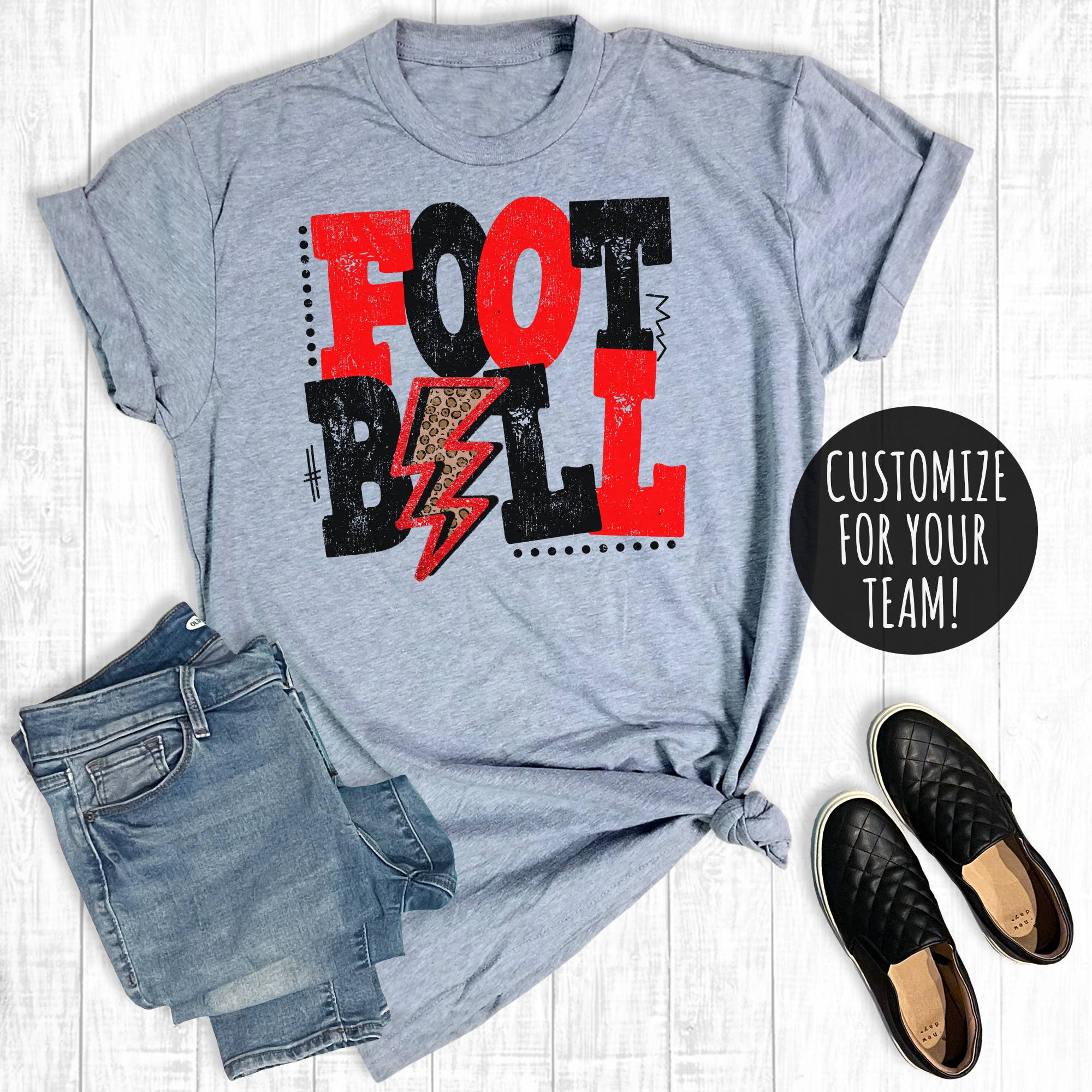Custom Leopard Bolt Football Team Color Graphic Tee