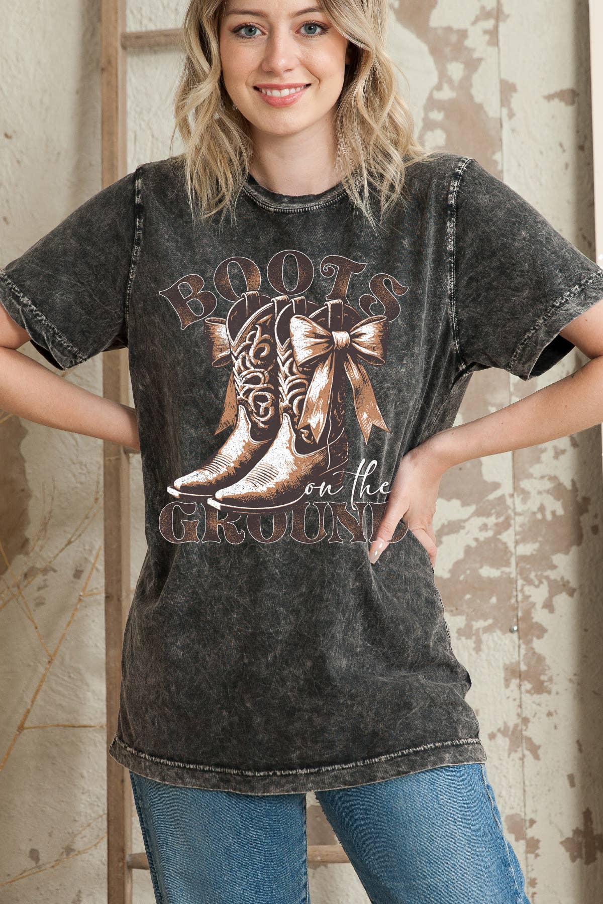 Women Boots Graphic Print Mineral Wash Top