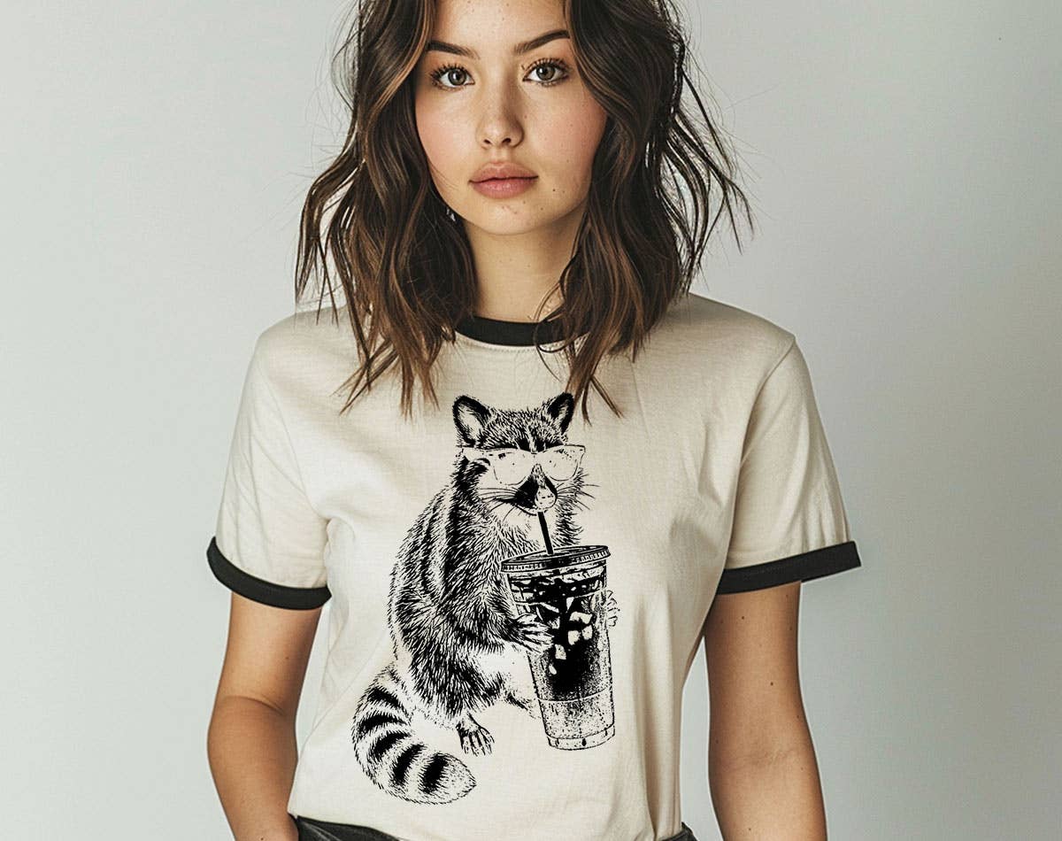 Raccoon Drinking Iced Coffee - Funny Animal Ringer Shirt