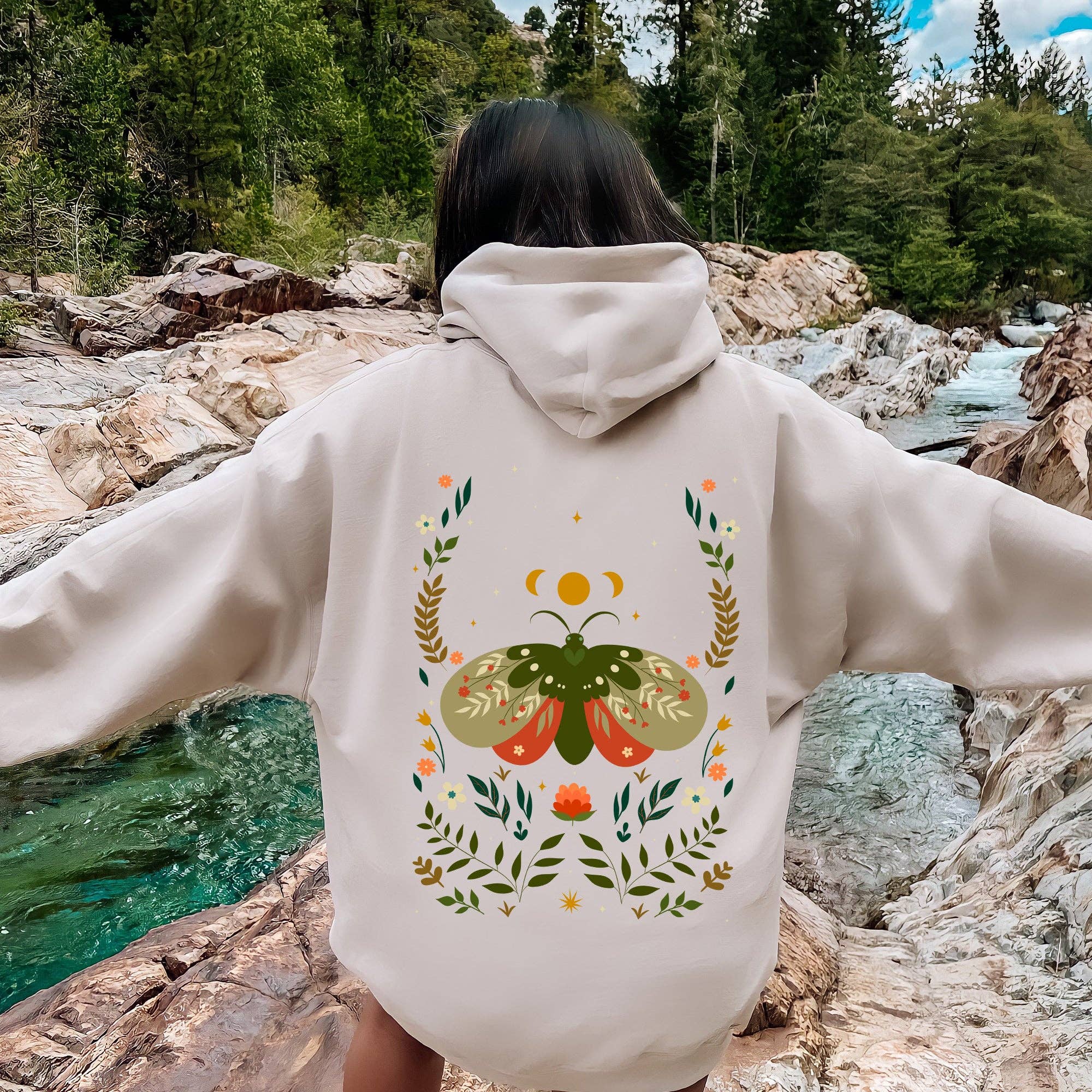 Midnight Garden Dance, Moth, Moon, and Floral Print Hoodie