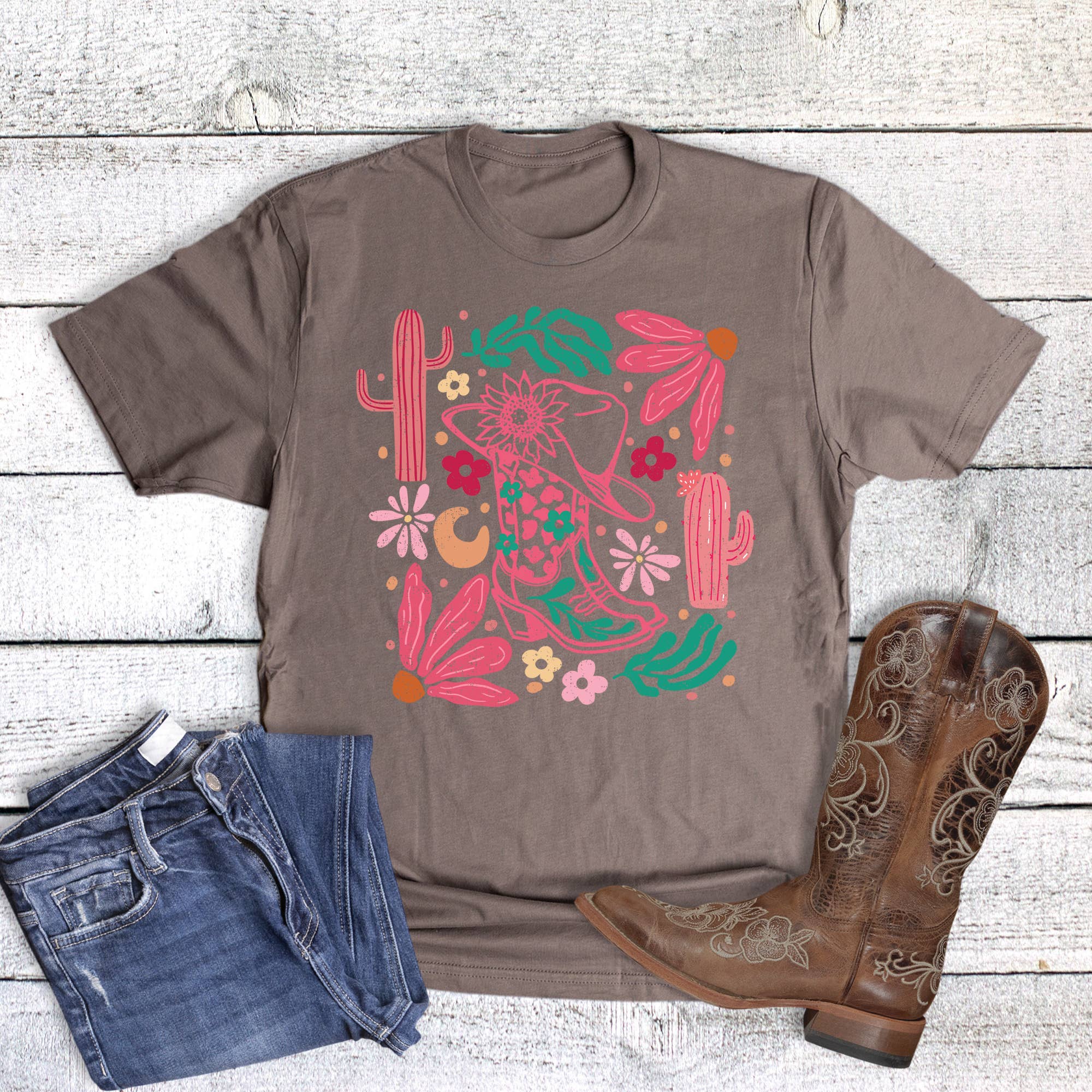 Western Boho Cowgirl Boot and Flowers Graphic Tee