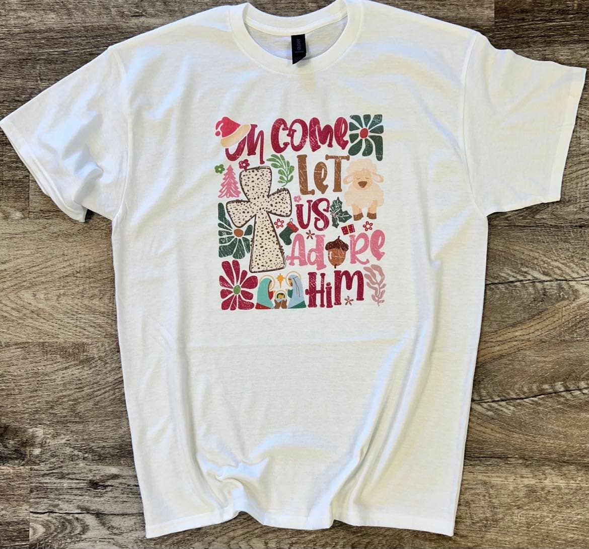 Oh Come Let Us Adore Him Colorful with Cross On White Tee
