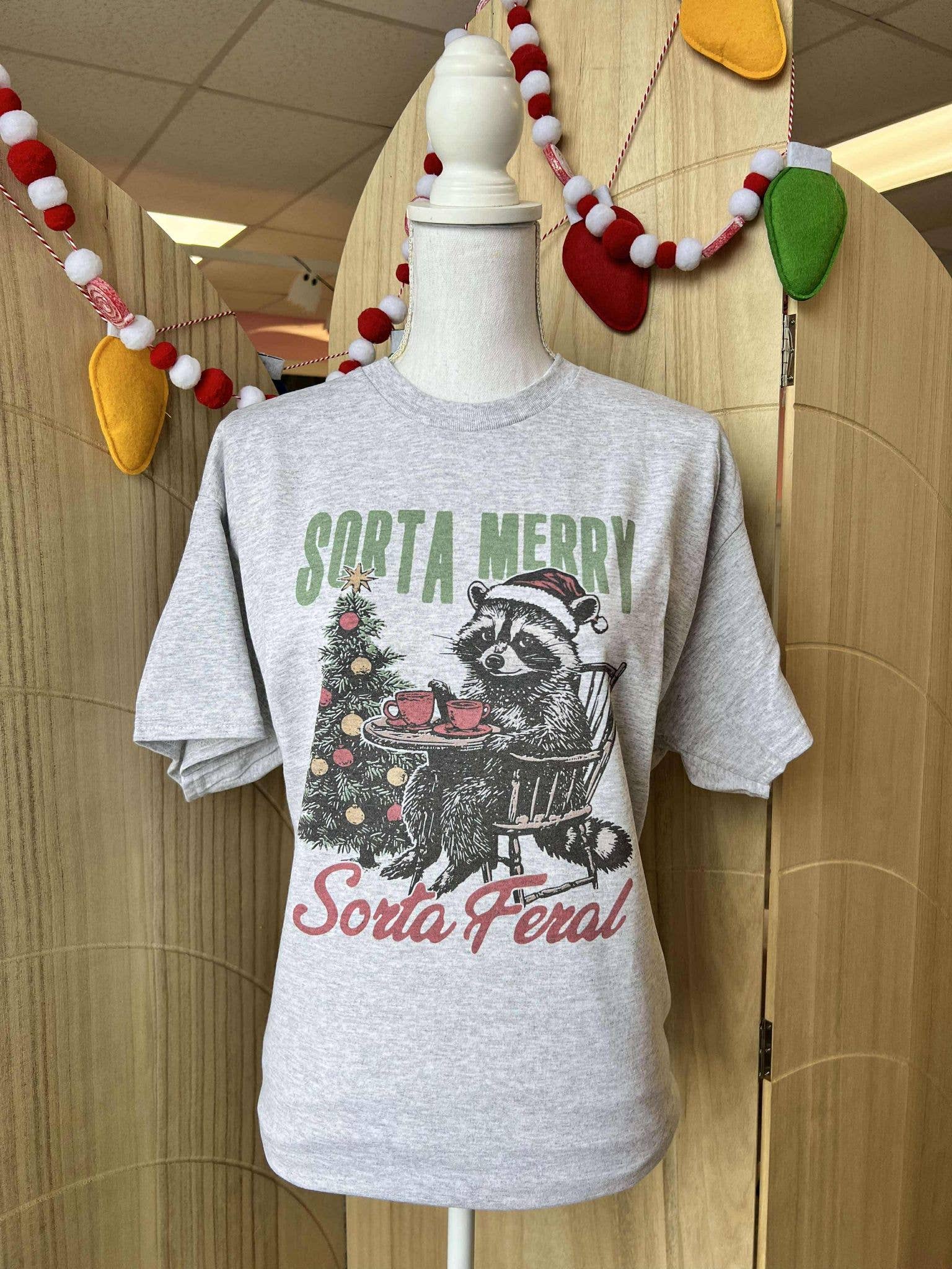Sorta Merry Sorta Feral Raccoon On Ash Gray Tee