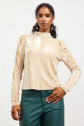 Crinkled Velvet Ruched Slv Mock Neck Top