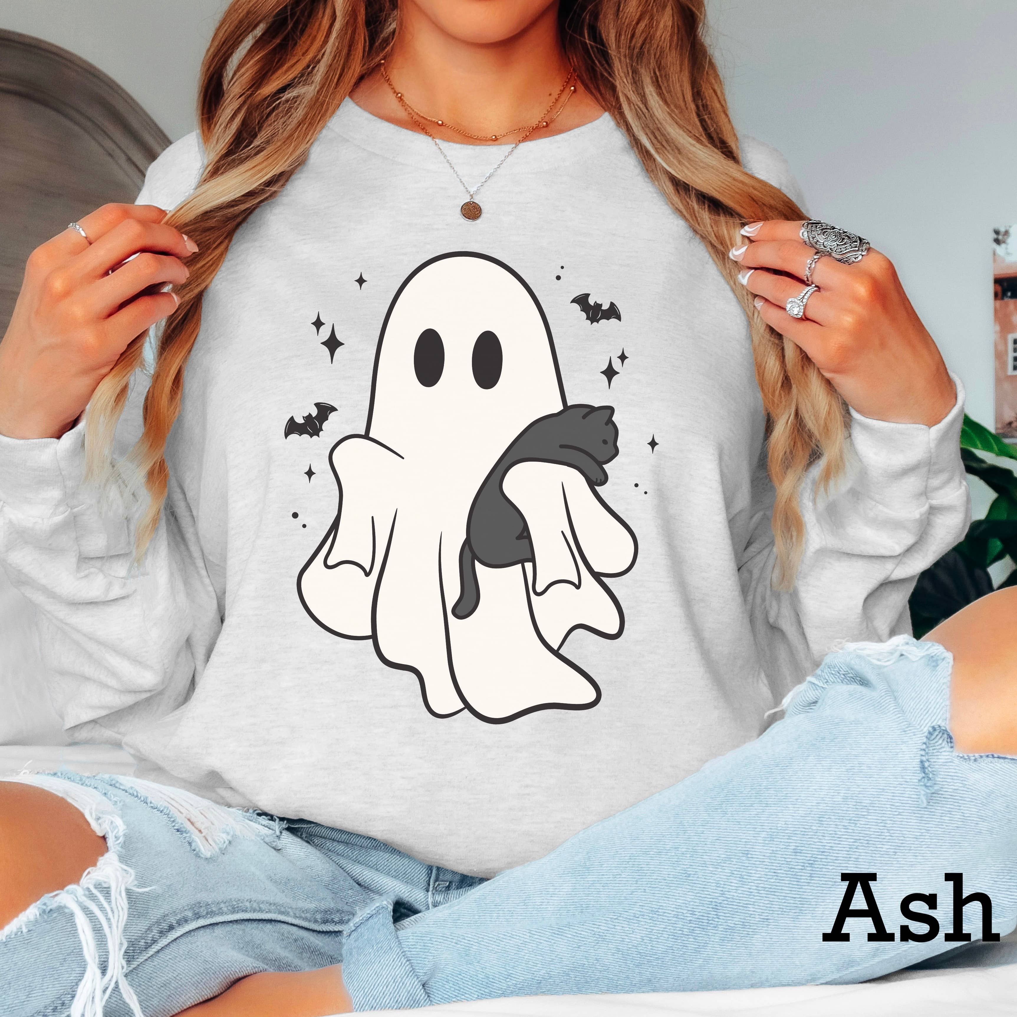Halloween 2025 Ghost and Cat  Long Sleeve Shirt | Gildan