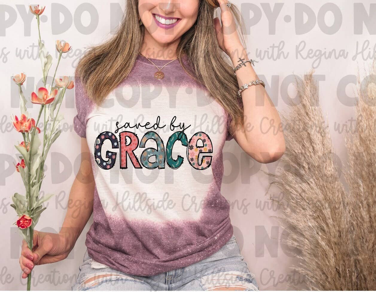 Bleached Christian Tee Saved By Grace Floral, Bible, Jesus