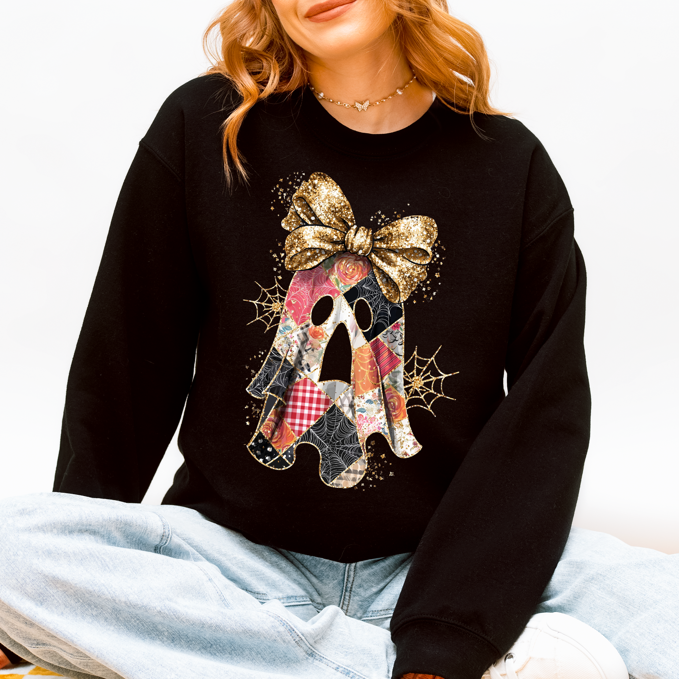 Faux Glitter Patchwork Ghost Halloween, Spooky Sweatshirt