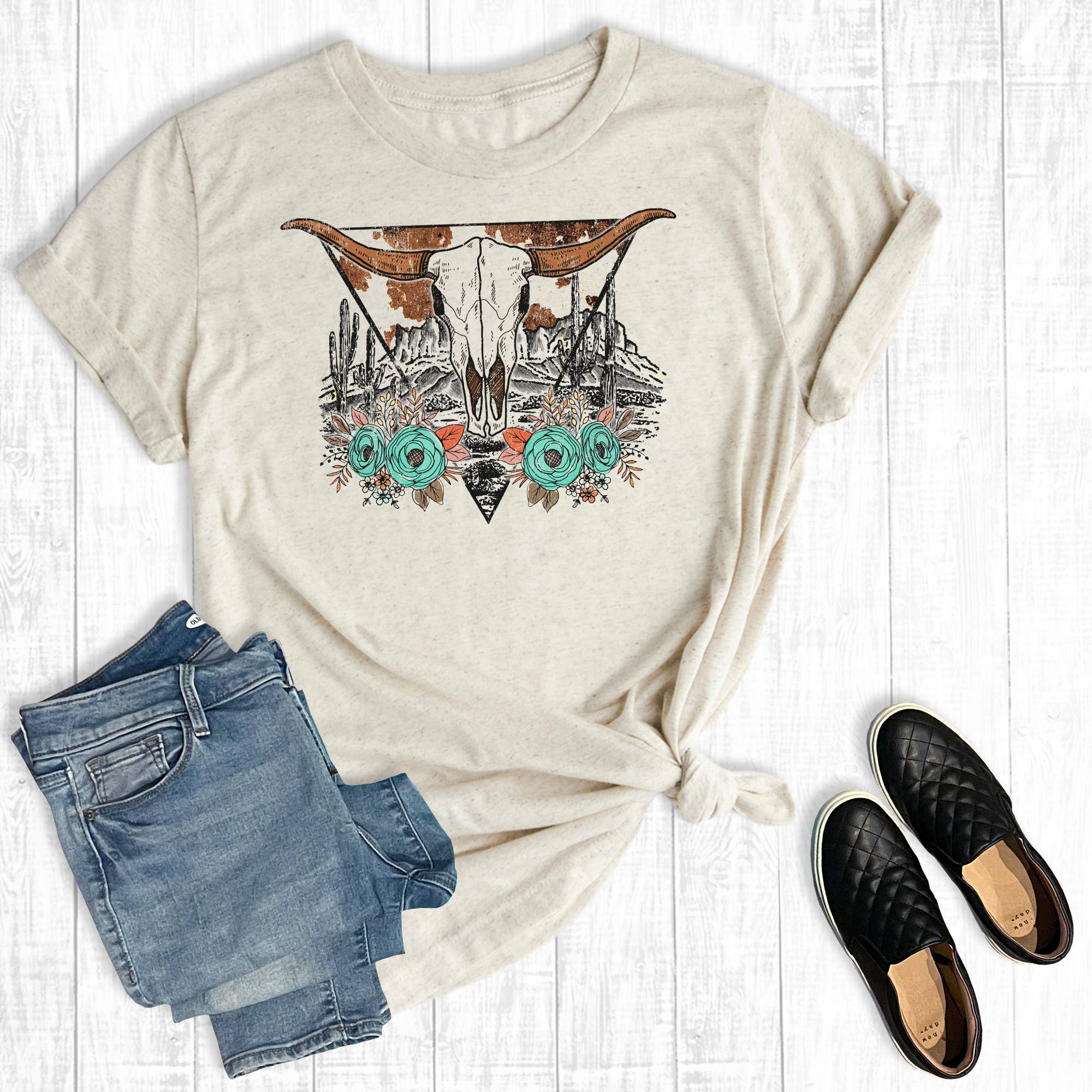 Western Desert Floral Cow Skull Graphic Tee