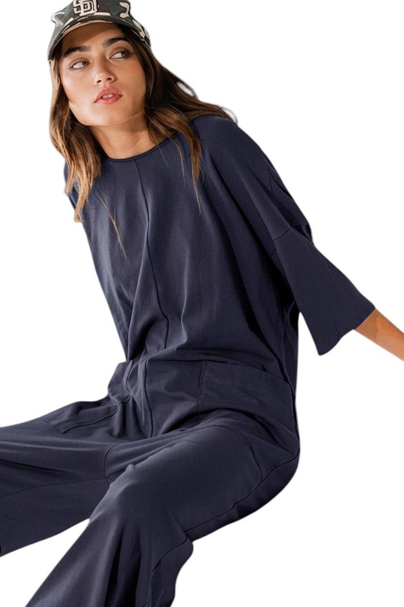 R5387 Oversized Patch Pocket  V-Line Back Jumpsuit