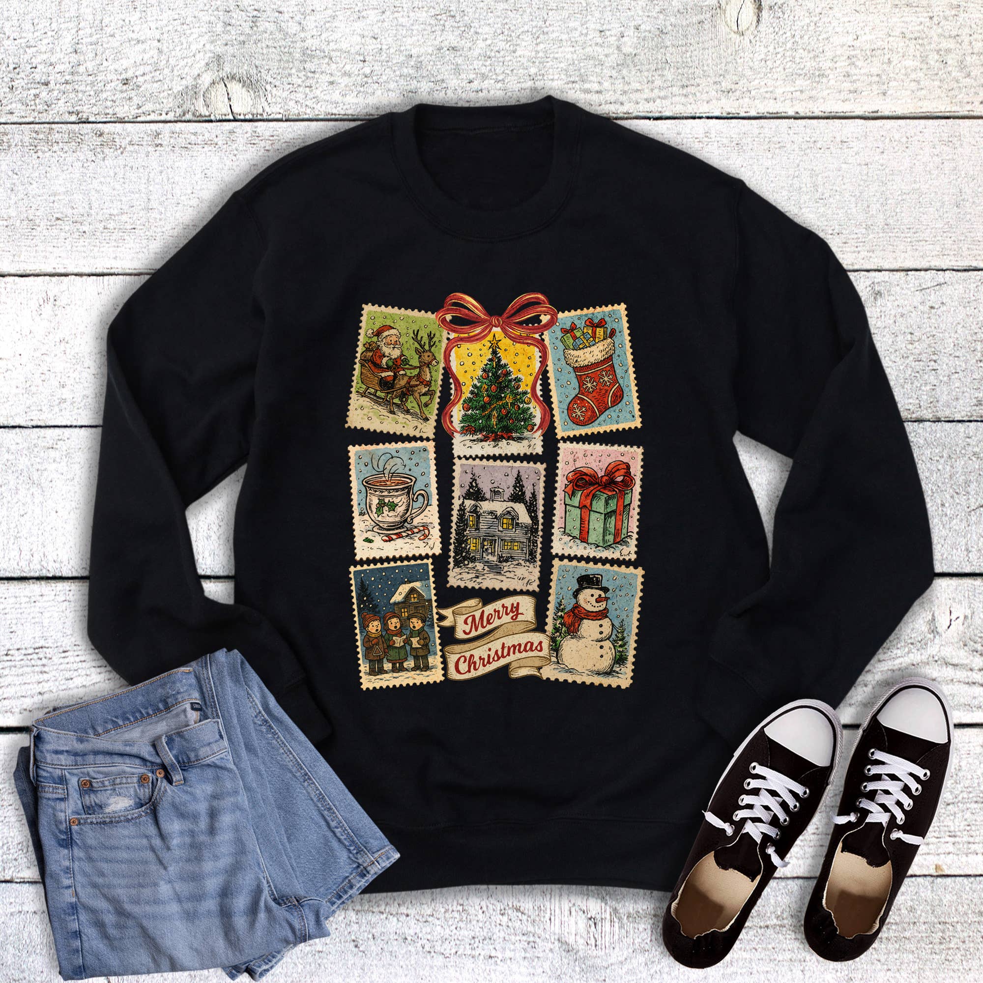 Christmas Vintage Merry Stamps Sweatshirt