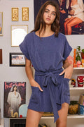 R5304-1  Waist Tie Detail Solid Ribbed Knit Romper