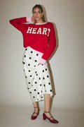 Satin Midi Skirt with Elastic Waist in Polka Dot