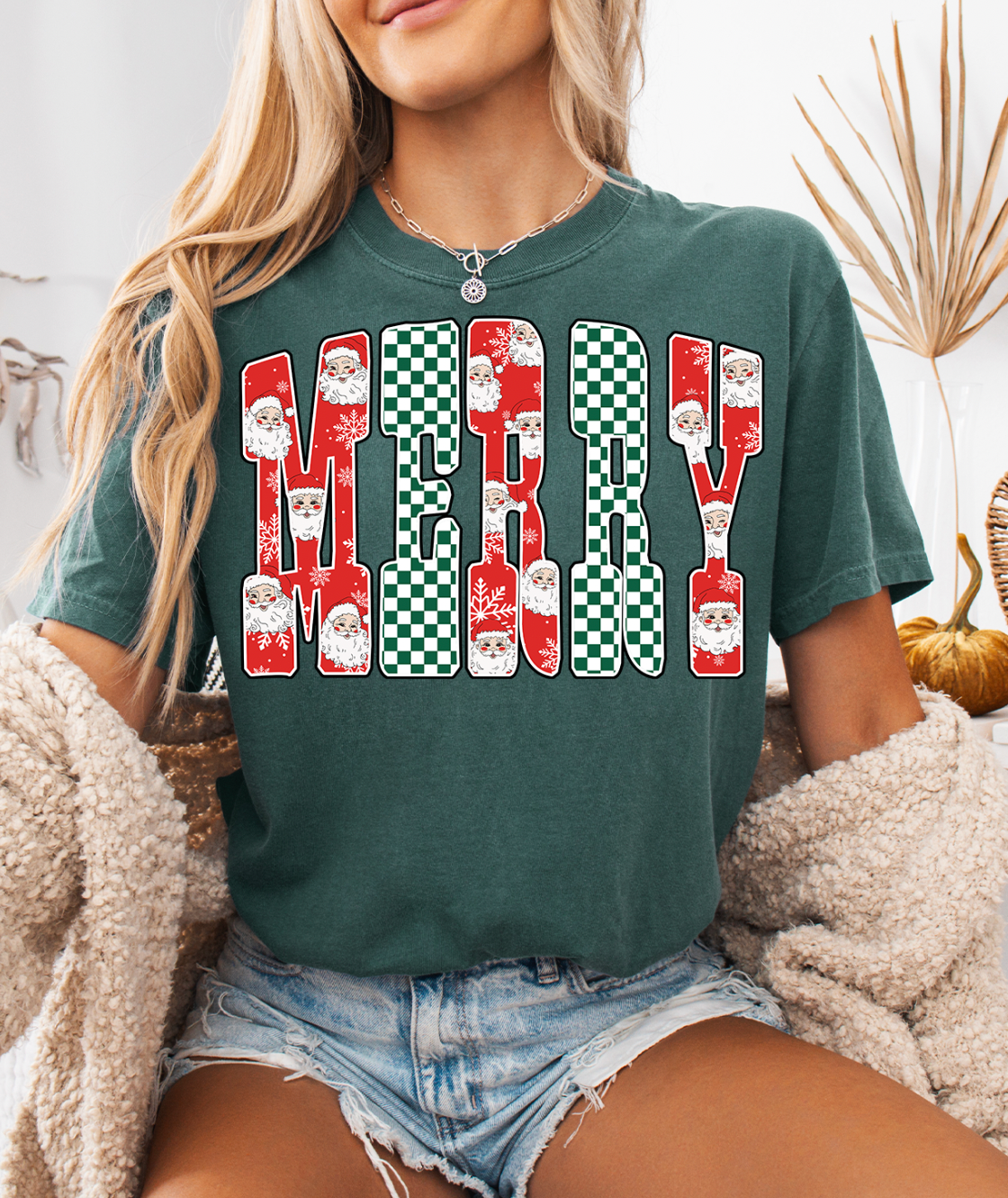 Merry Checkered Green and Red Christmas Tee & Sweatshirt