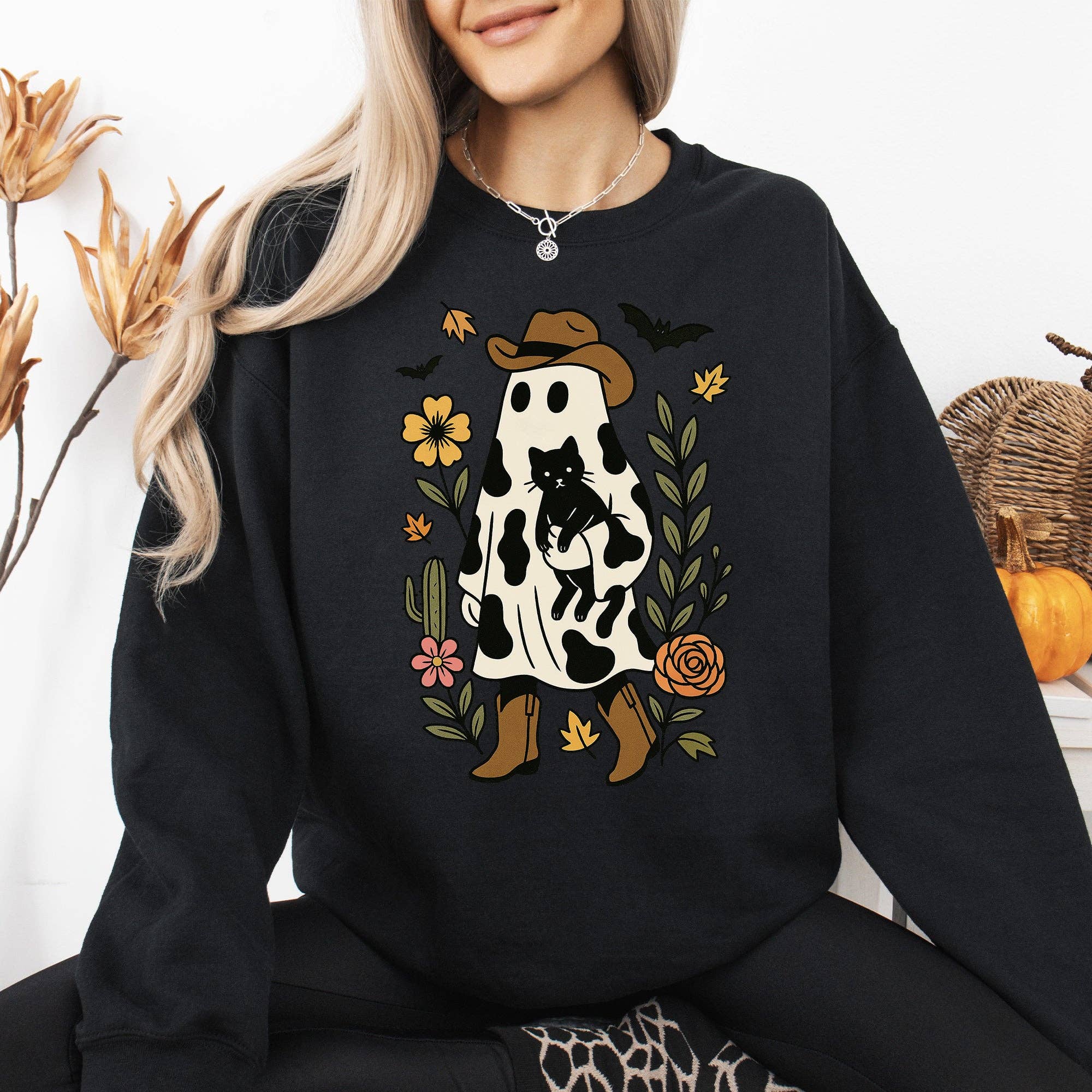 Cute Cowboy Ghost, Cat, Western Halloween Graphic Sweatshirt